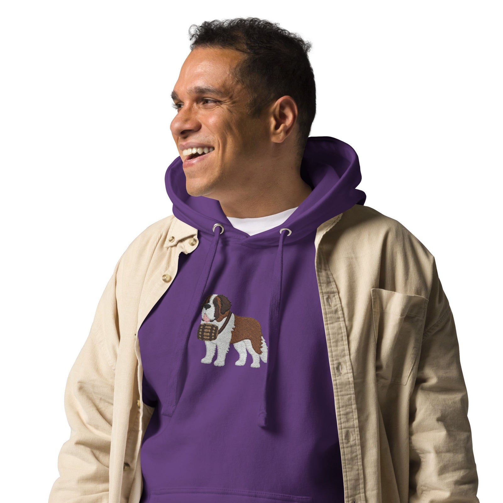 Premium hoodie embroidered with a detailed Saint Bernard with a barrel around its neck by Lucy and Norman.