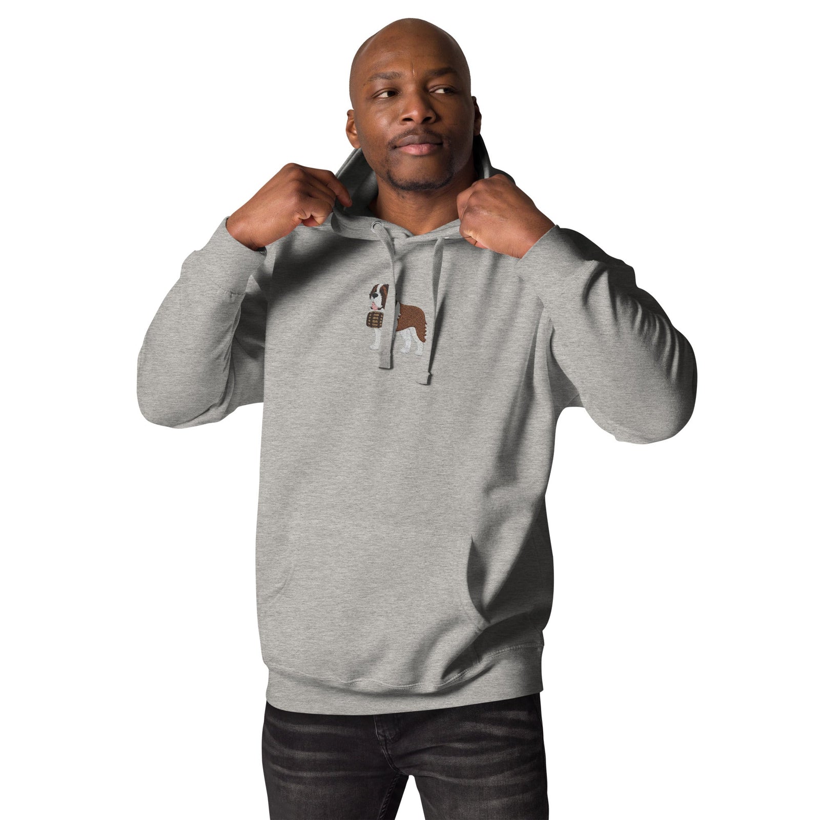 Premium hoodie embroidered with a detailed Saint Bernard with a barrel around its neck by Lucy and Norman.