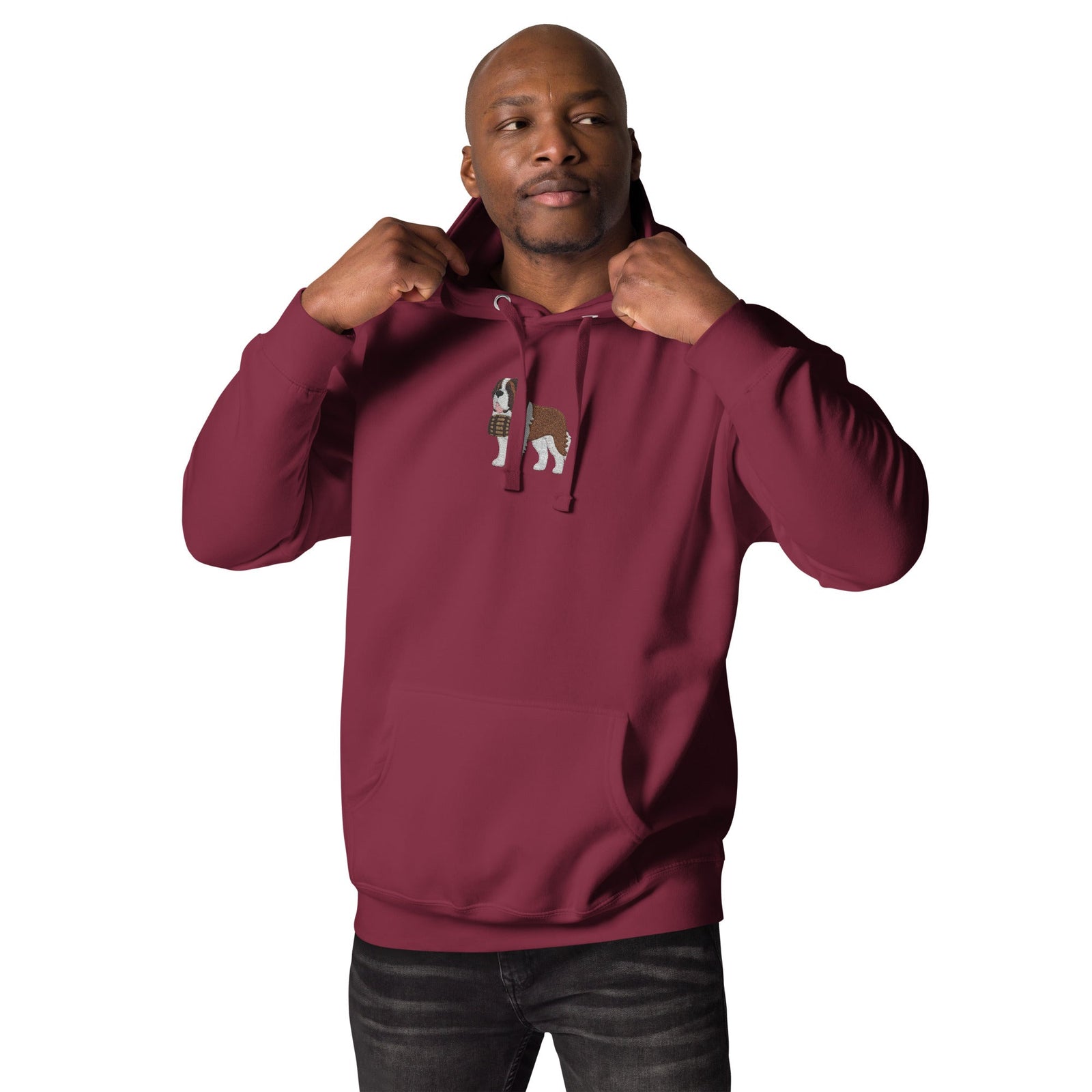 Premium hoodie embroidered with a detailed Saint Bernard with a barrel around its neck by Lucy and Norman.