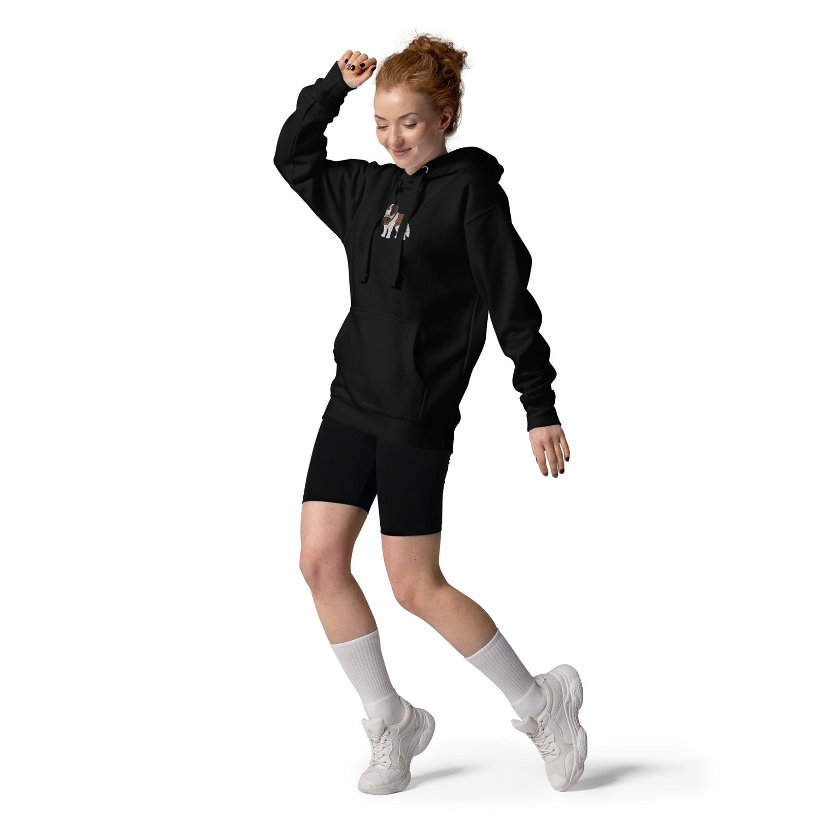 Premium hoodie embroidered with a detailed Saint Bernard with a barrel around its neck by Lucy and Norman.