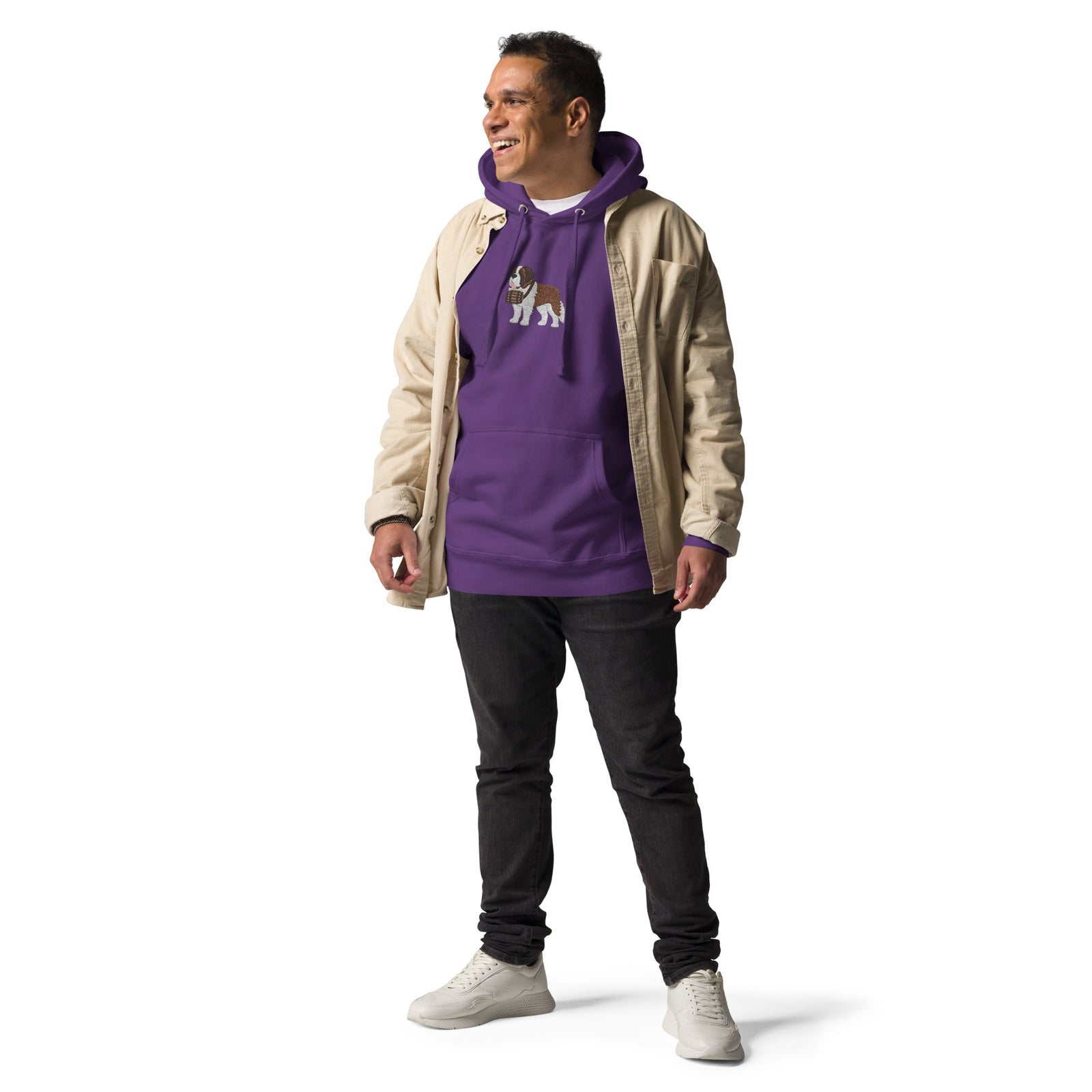 Premium hoodie embroidered with a detailed Saint Bernard with a barrel around its neck by Lucy and Norman.