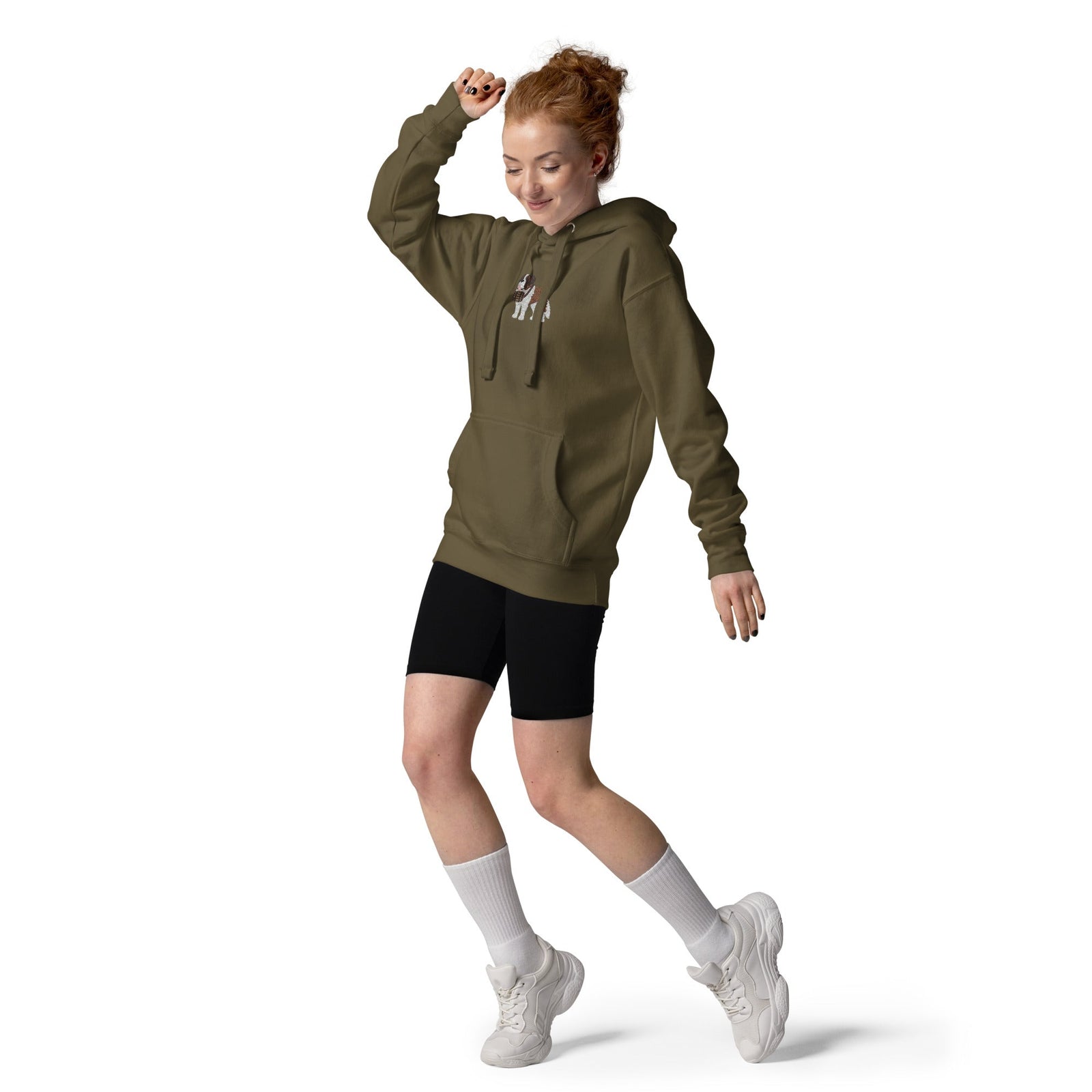 Premium hoodie embroidered with a detailed Saint Bernard with a barrel around its neck by Lucy and Norman.