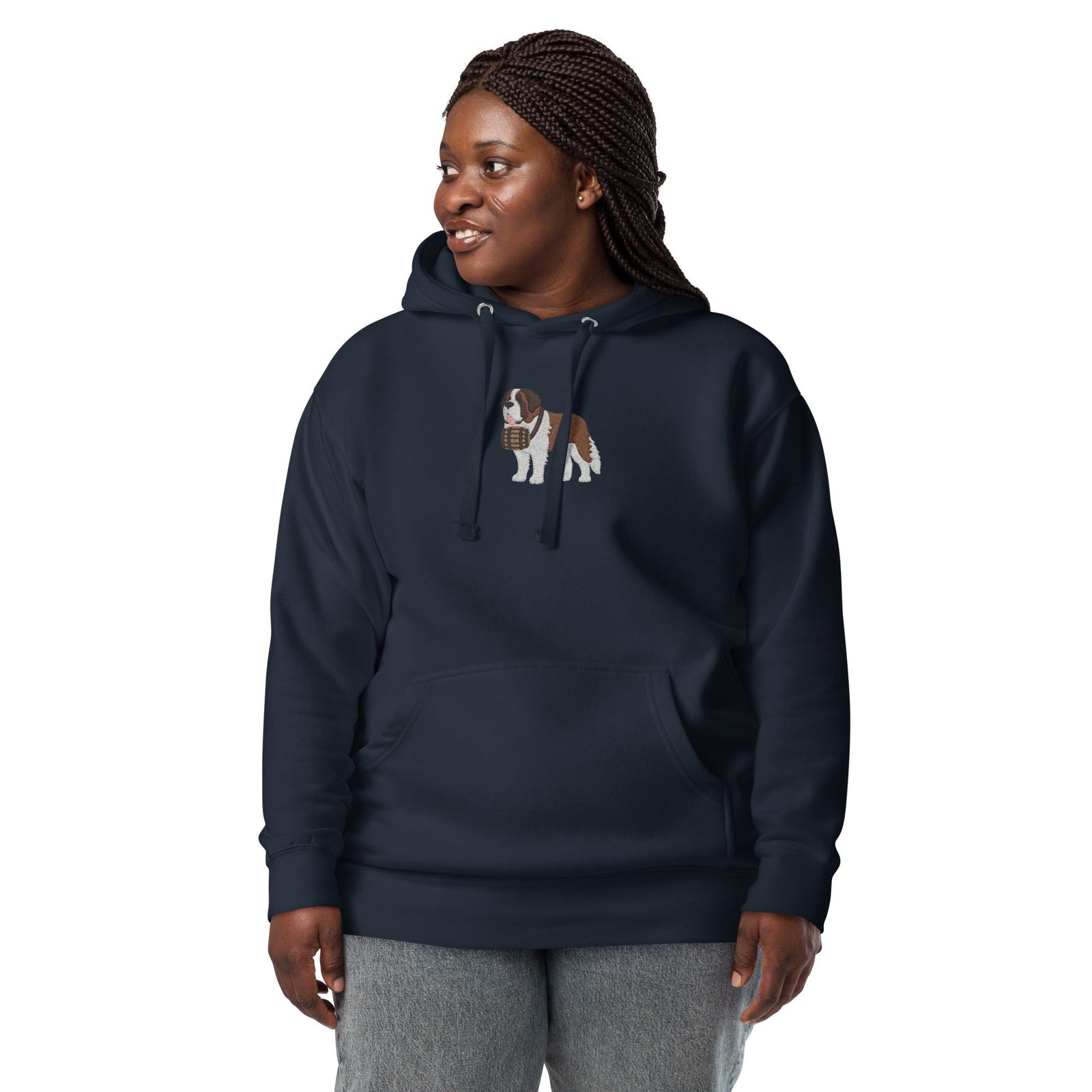 Premium hoodie embroidered with a detailed Saint Bernard with a barrel around its neck by Lucy and Norman.