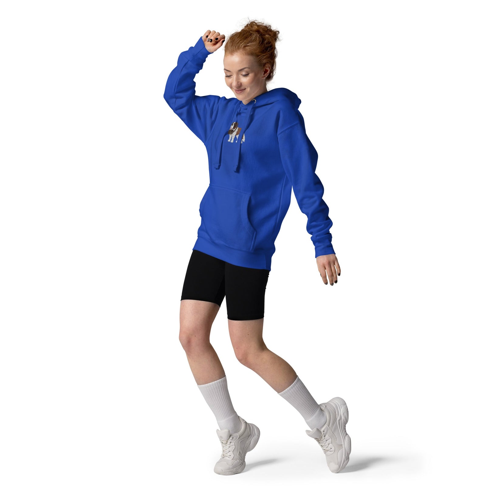 Premium hoodie embroidered with a detailed Saint Bernard with a barrel around its neck by Lucy and Norman.