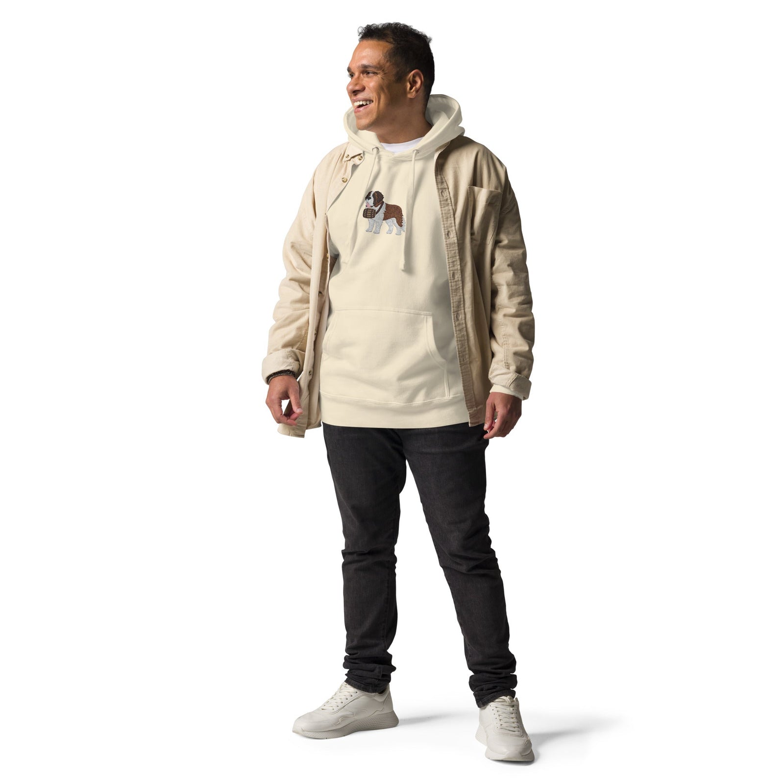 Premium hoodie embroidered with a detailed Saint Bernard with a barrel around its neck by Lucy and Norman.