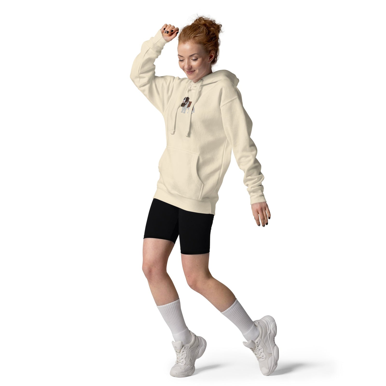 Premium hoodie embroidered with a detailed Saint Bernard with a barrel around its neck by Lucy and Norman.