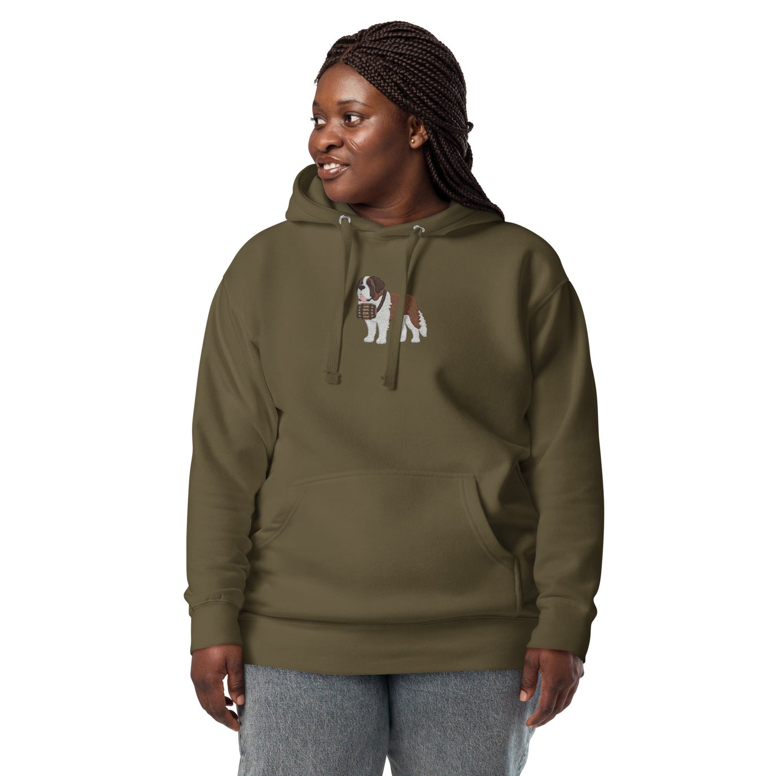 Premium hoodie embroidered with a detailed Saint Bernard with a barrel around its neck by Lucy and Norman.