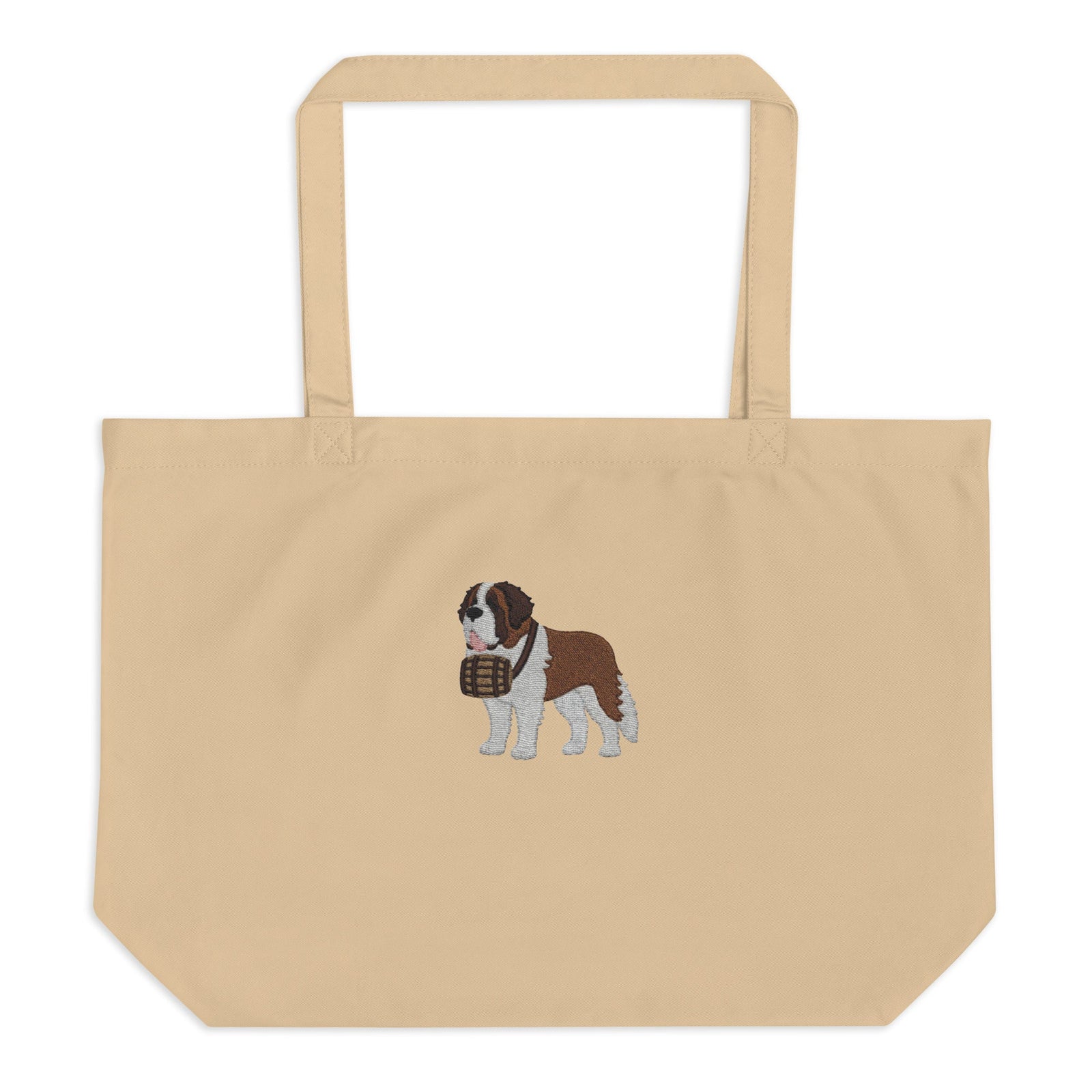 Large beige organic tote bag embroidered with a detailed Saint Bernard with a barrel around its neck by Lucy and Norman.