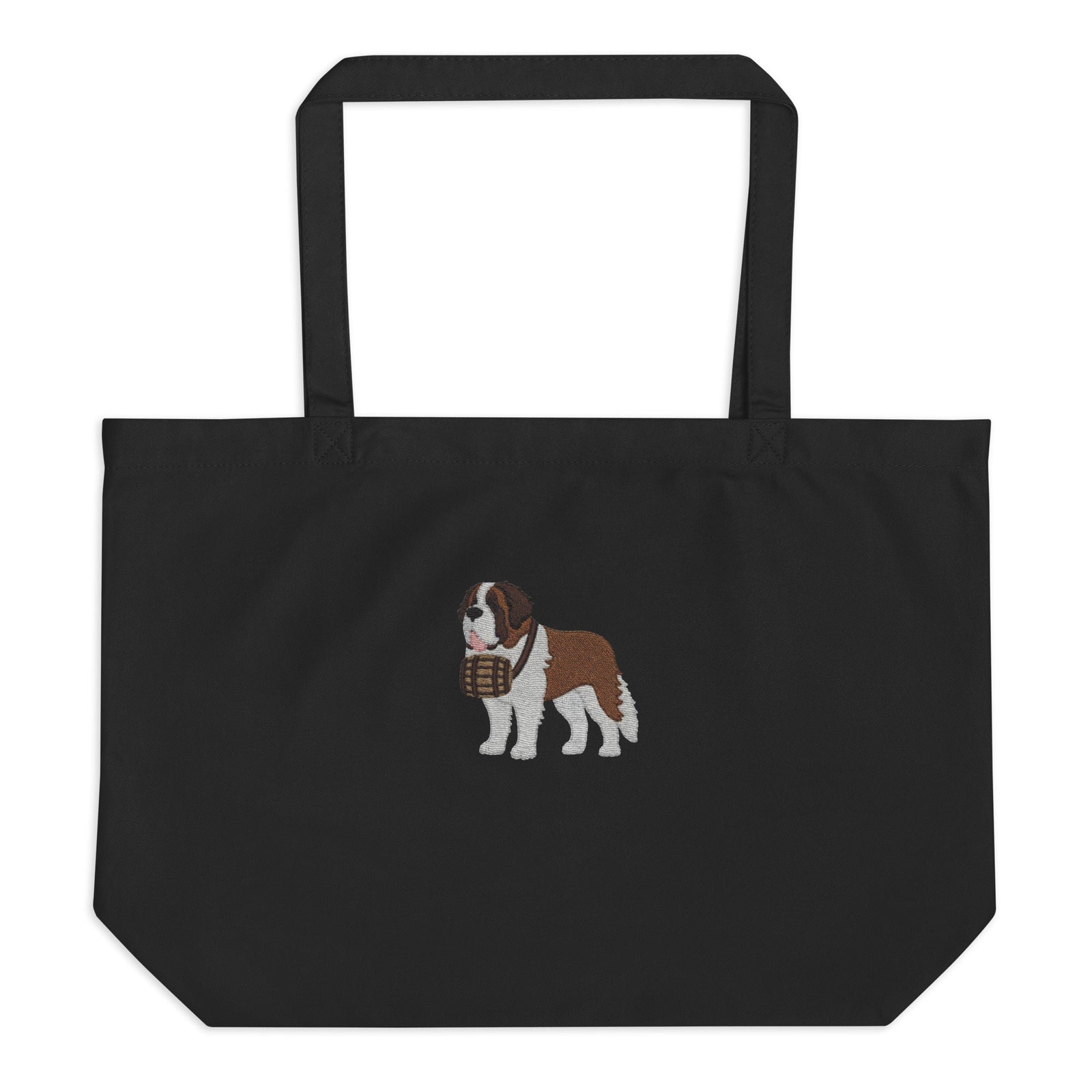 Large black organic tote bag embroidered with a detailed Saint Bernard with a barrel around its neck by Lucy and Norman.