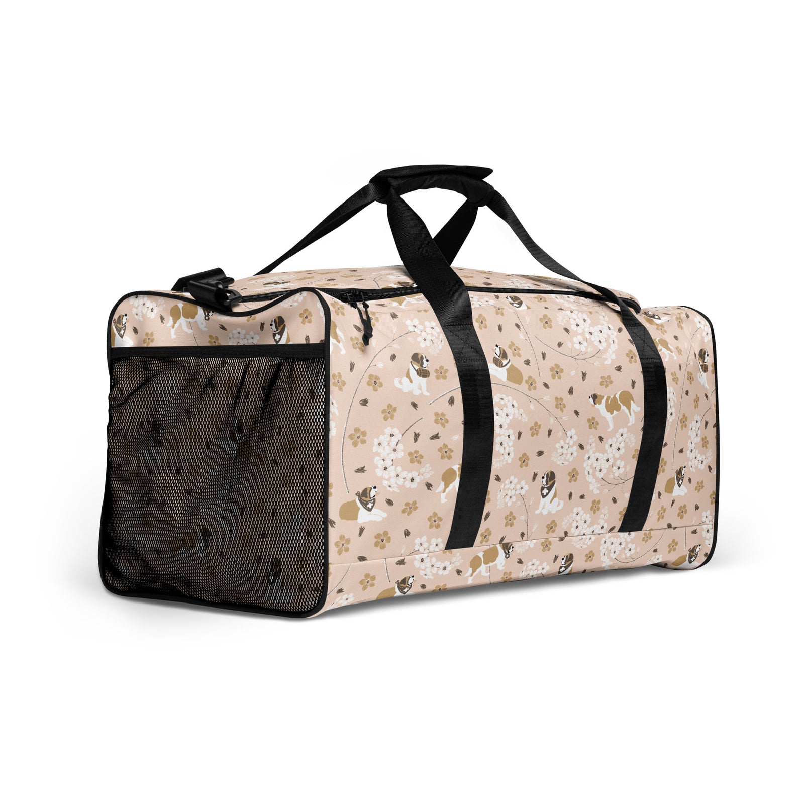 Floral Saint Bernard duffle bag with adjustable padded black shoulder strap, dual carry handles, zippered compartments, and mesh side pocket in white, brown, gold, and soft pink.