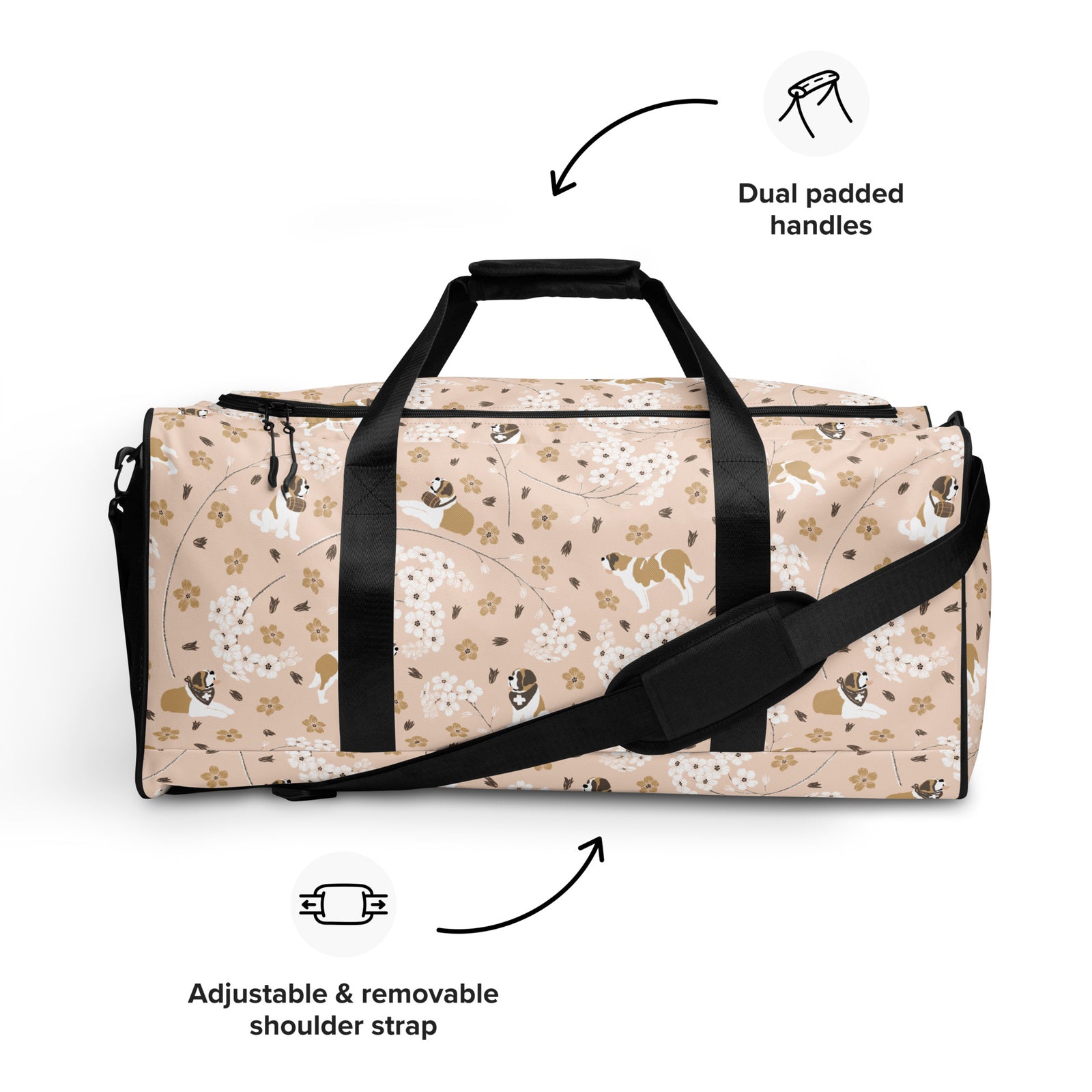 Floral Saint Bernard duffle bag with adjustable padded black shoulder strap, dual carry handles, zippered compartments, and mesh side pocket in white, brown, gold, and soft pink.