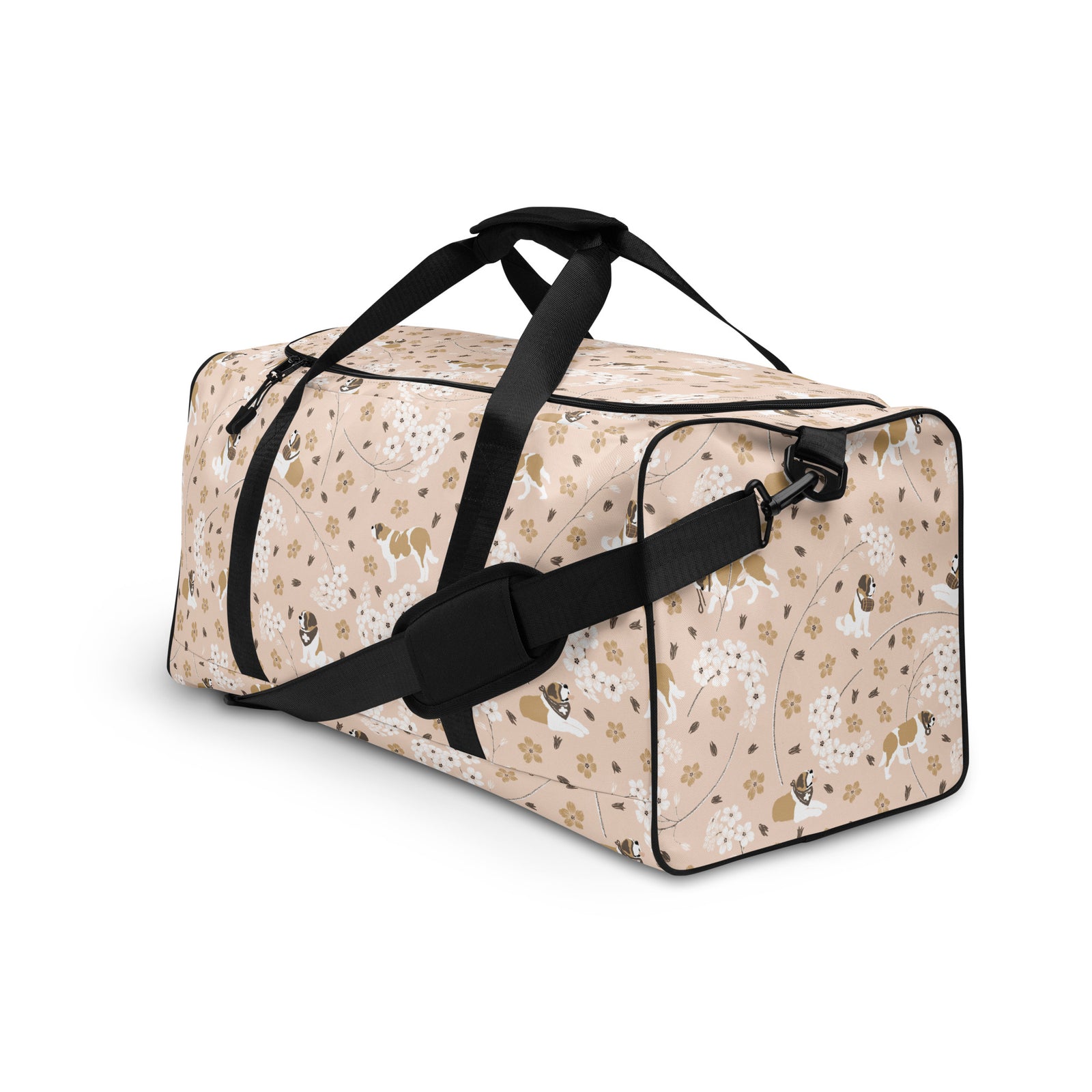 Floral Saint Bernard duffle bag with adjustable padded black shoulder strap, dual carry handles, zippered compartments, and mesh side pocket in white, brown, gold, and soft pink.