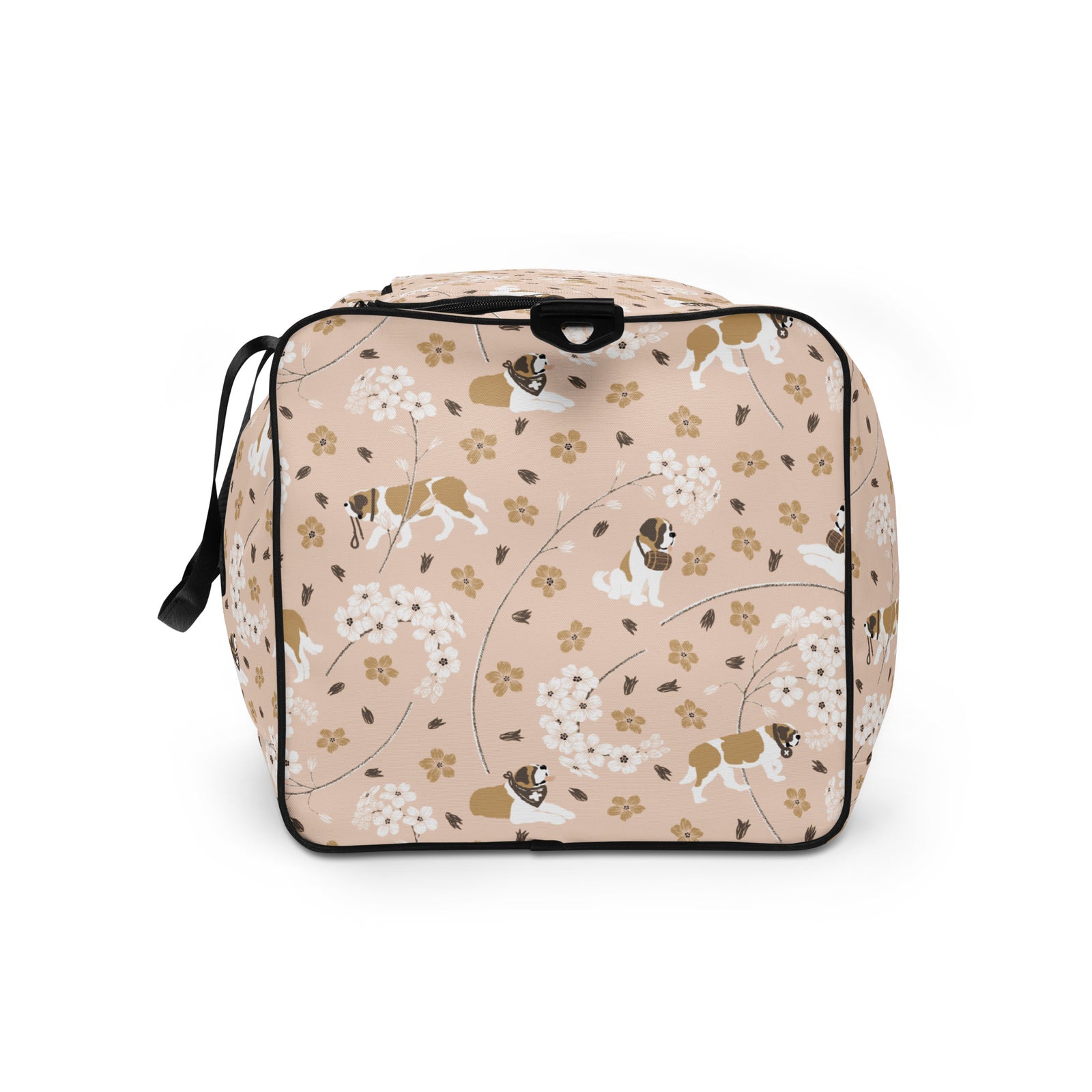 Floral Saint Bernard duffle bag with adjustable padded black shoulder strap, dual carry handles, zippered compartments, and mesh side pocket in white, brown, gold, and soft pink.