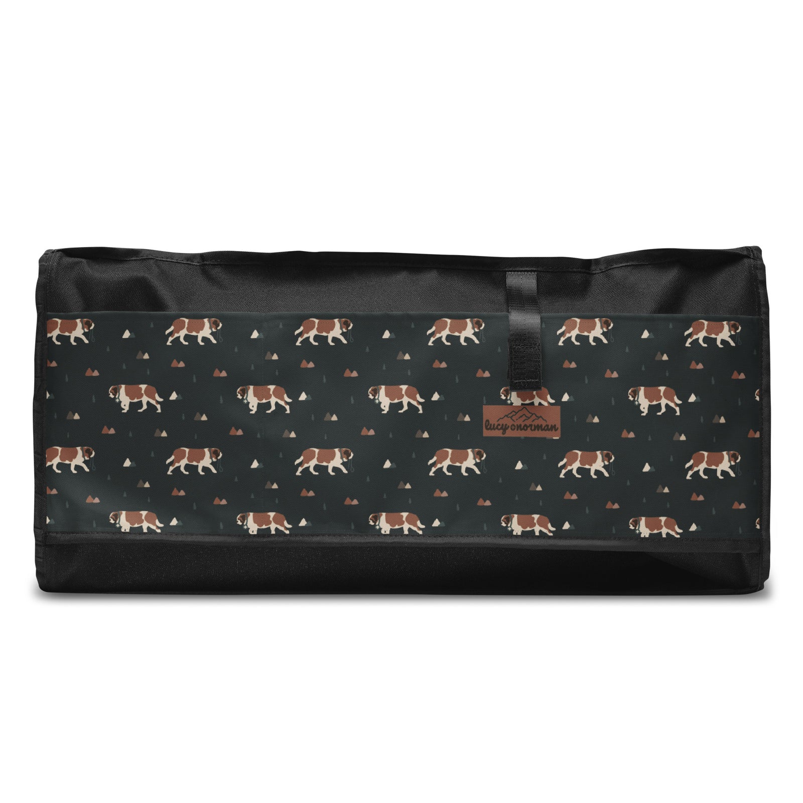 Green Mountain Saint Bernard duffle bag with adjustable padded black shoulder strap, handles, zip compartment, and mesh side pocket on dark green background with mountains, pines and dog pattern.