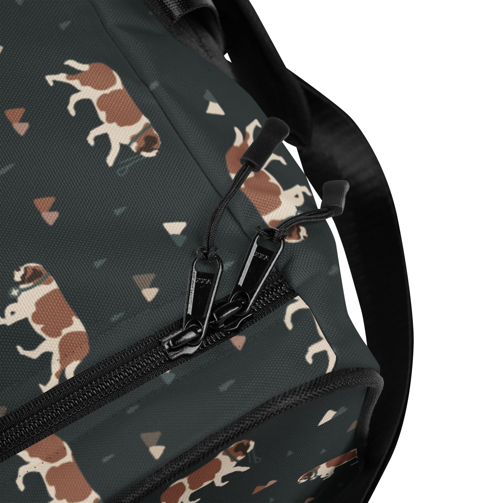 Green Mountain Saint Bernard duffle bag with adjustable padded black shoulder strap, handles, zip compartment, and mesh side pocket on dark green background with mountains, pines and dog pattern.