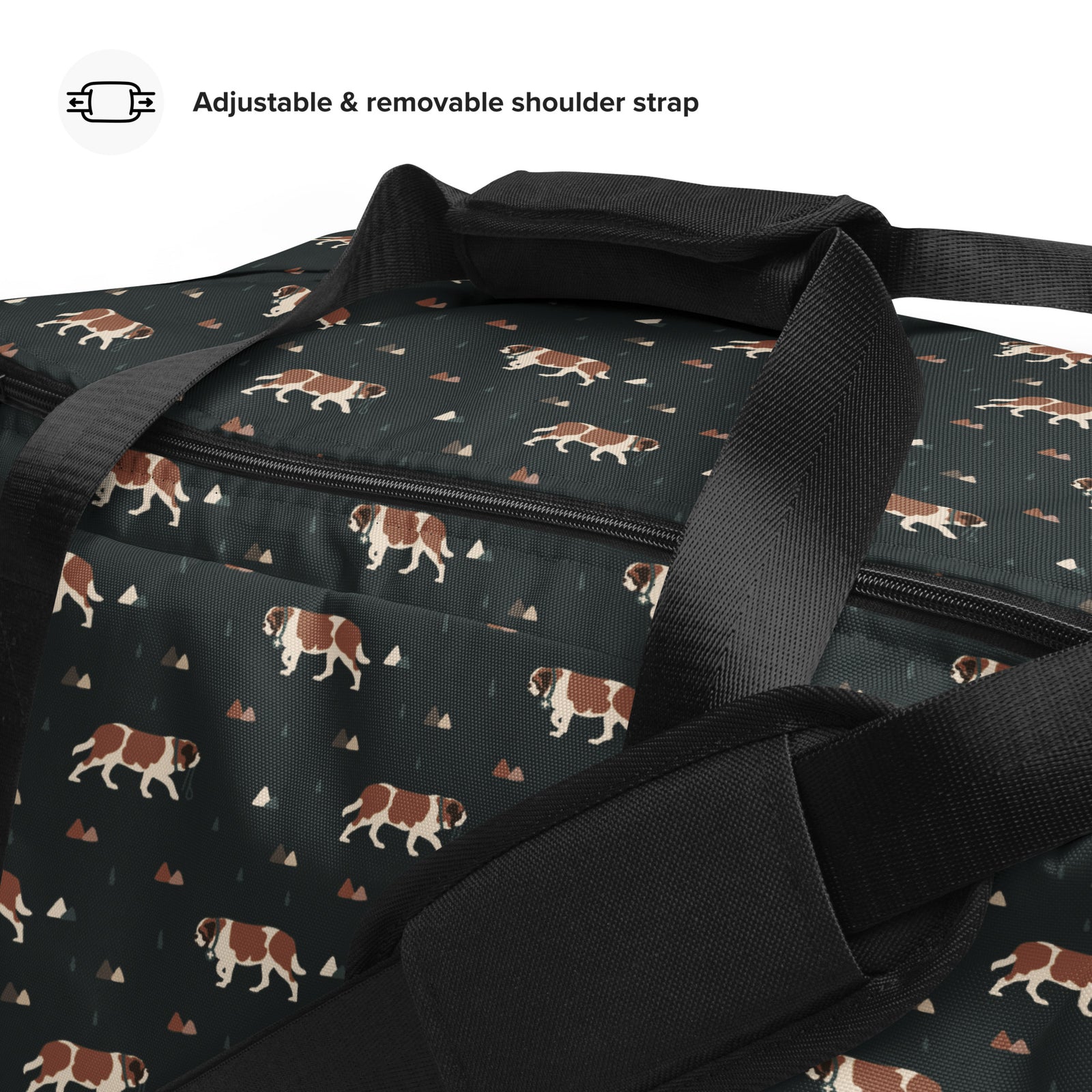 Green Mountain Saint Bernard duffle bag with adjustable padded black shoulder strap, handles, zip compartment, and mesh side pocket on dark green background with mountains, pines and dog pattern.