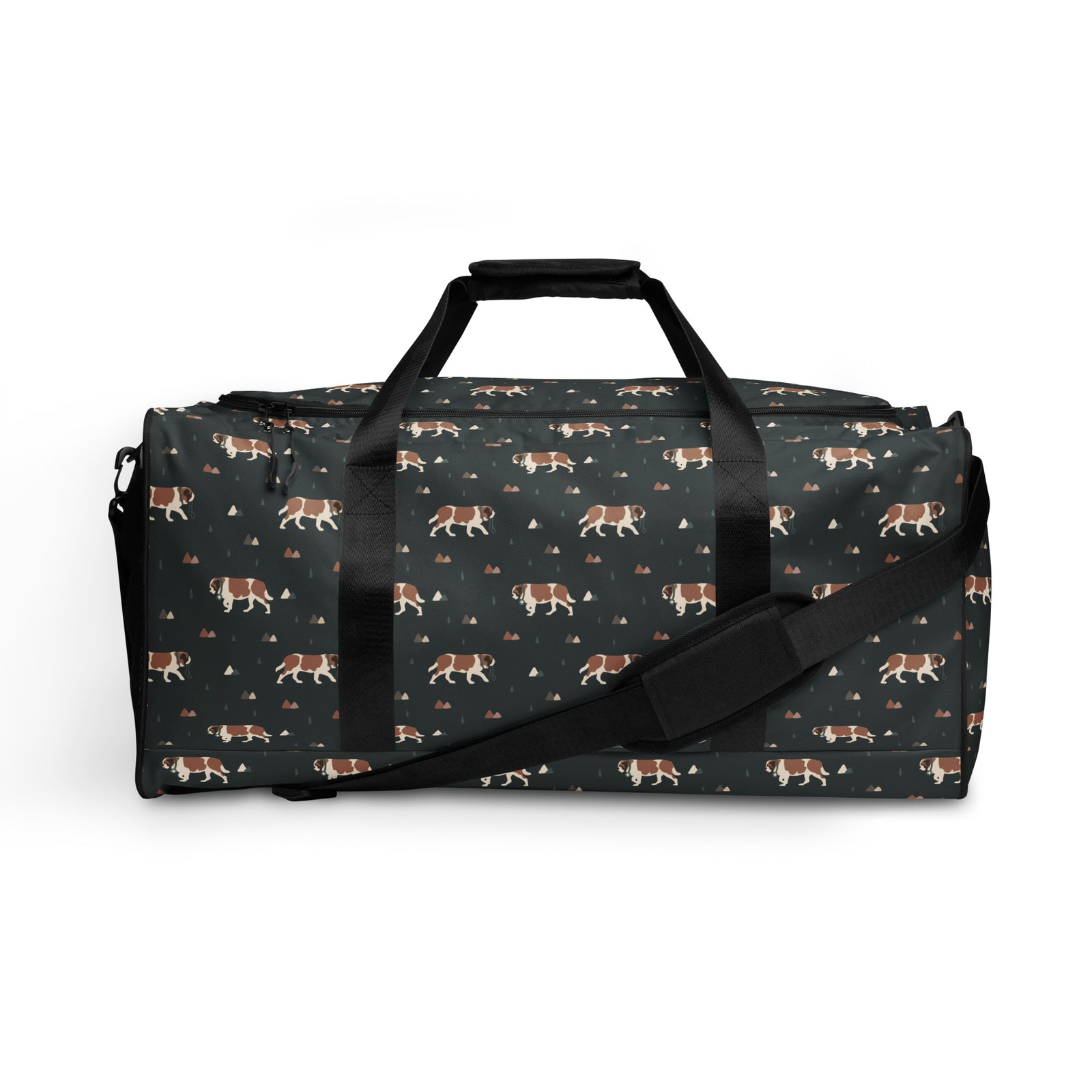 Green Mountain Saint Bernard duffle bag with adjustable padded black shoulder strap, handles, zip compartment, and mesh side pocket on dark green background with mountains, pines and dog pattern.