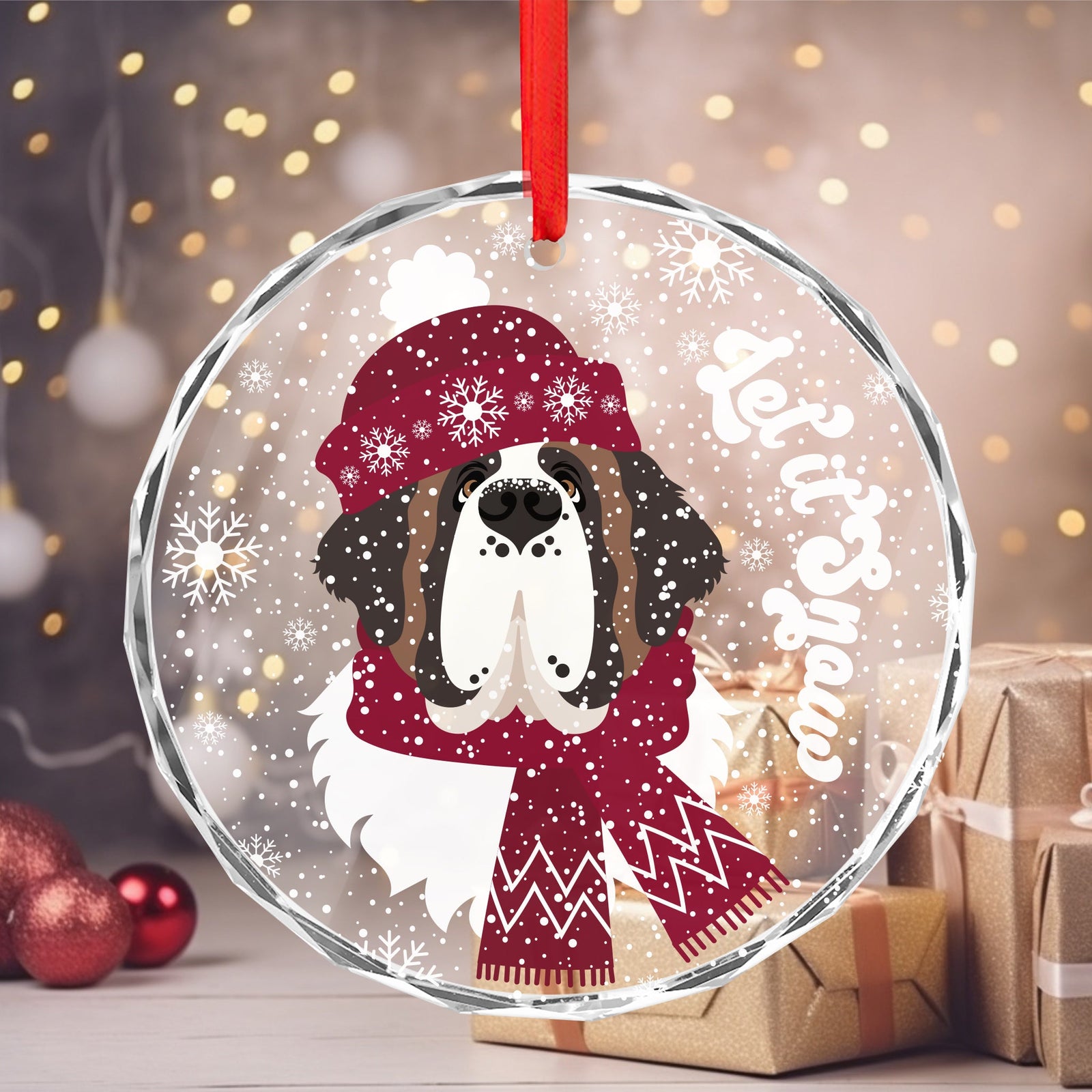 Let it Snow Crystal Glass Ornament - Red - Lucy + Norman
