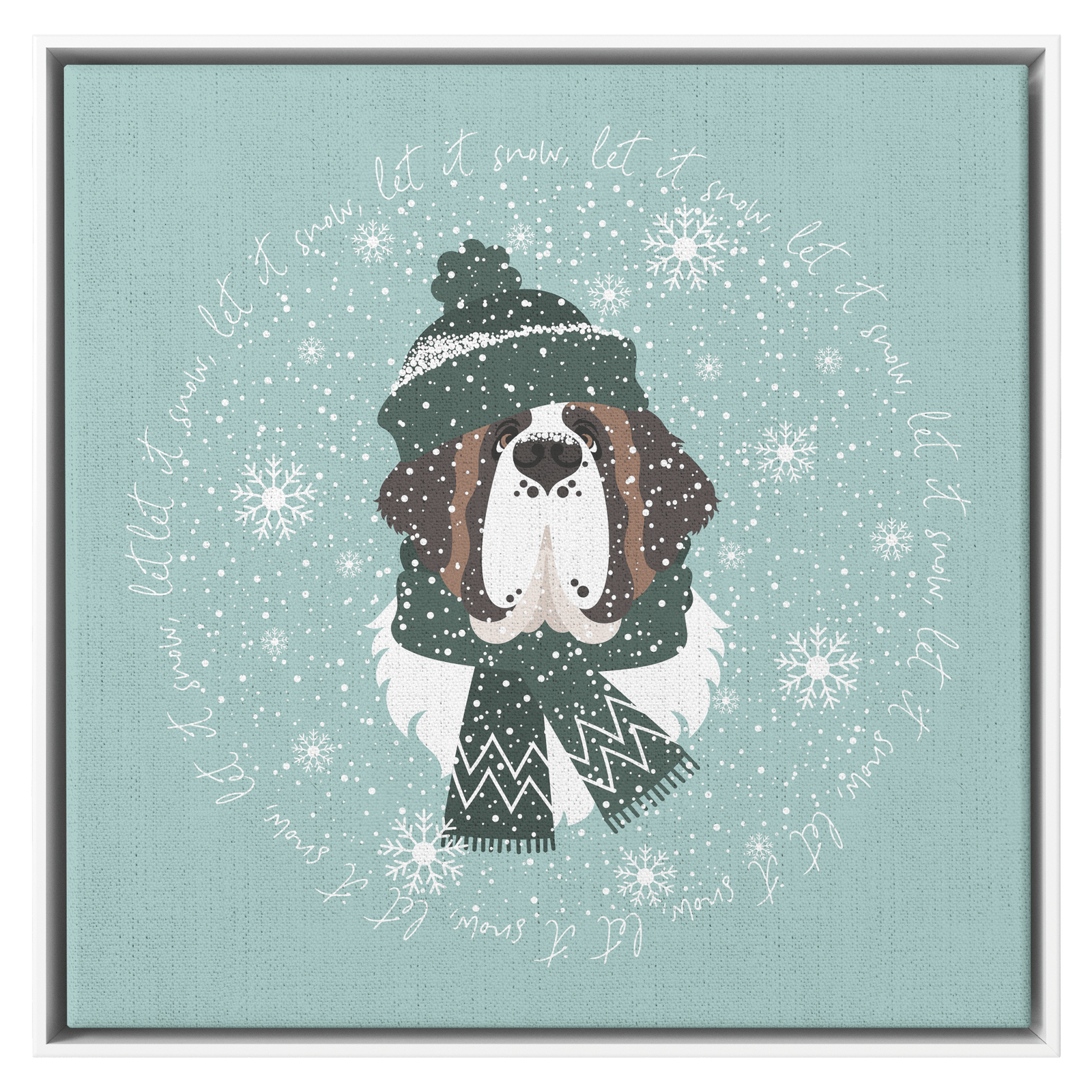 Let It Snow Saint Bernard Square Framed Canvas - Lucy + Norman