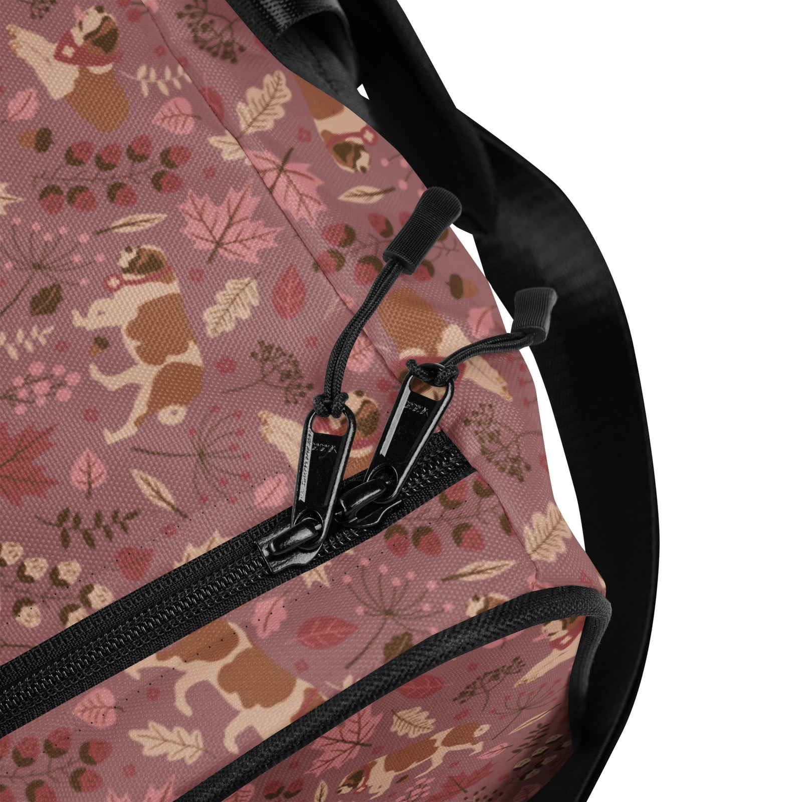 Rosy Fall Saint Bernard floral duffle bag in warm pink, brown, and autumn leaf tones with black padded shoulder strap, handles, zip compartment, and mesh side pocket.