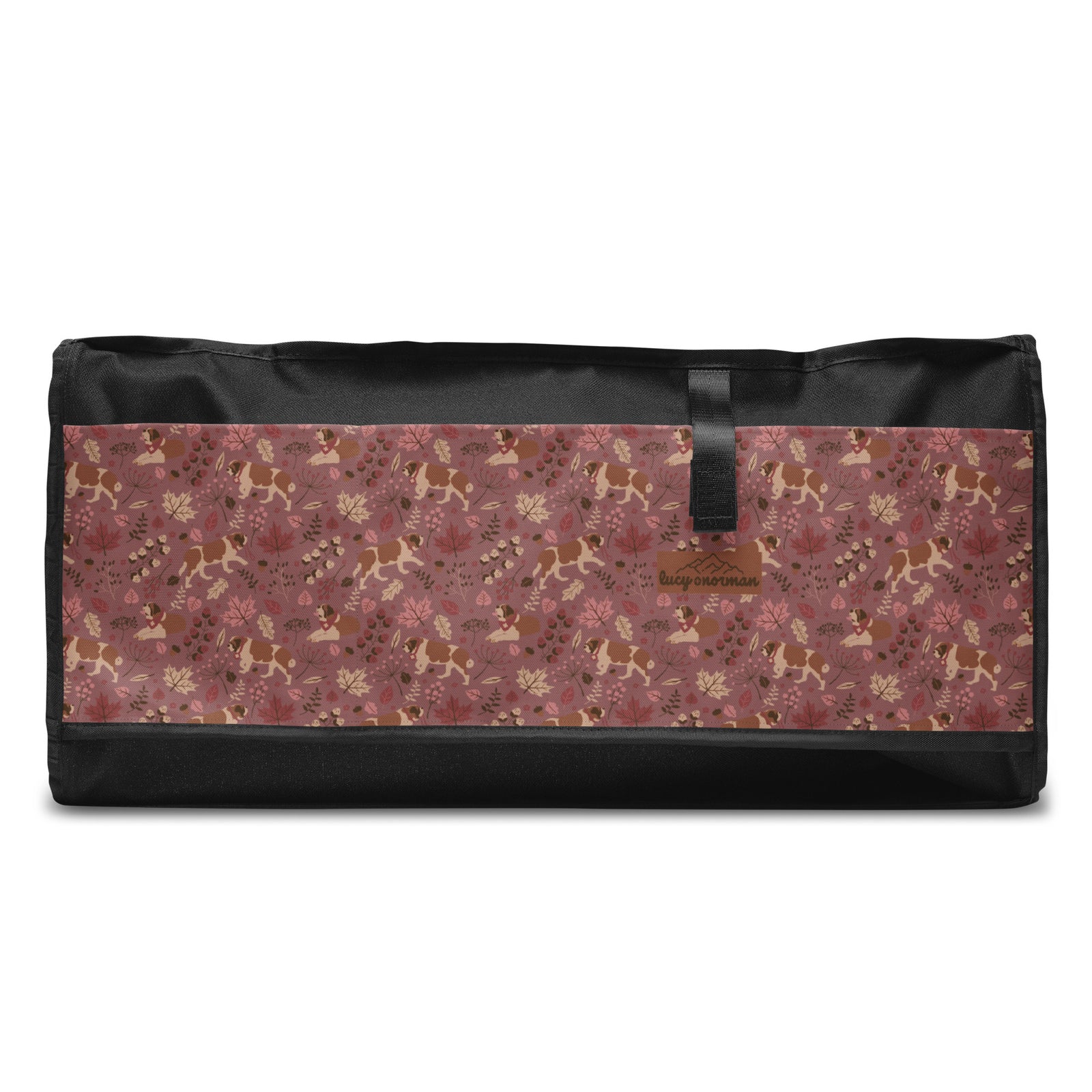 Rosy Fall Saint Bernard floral duffle bag in warm pink, brown, and autumn leaf tones with black padded shoulder strap, handles, zip compartment, and mesh side pocket.