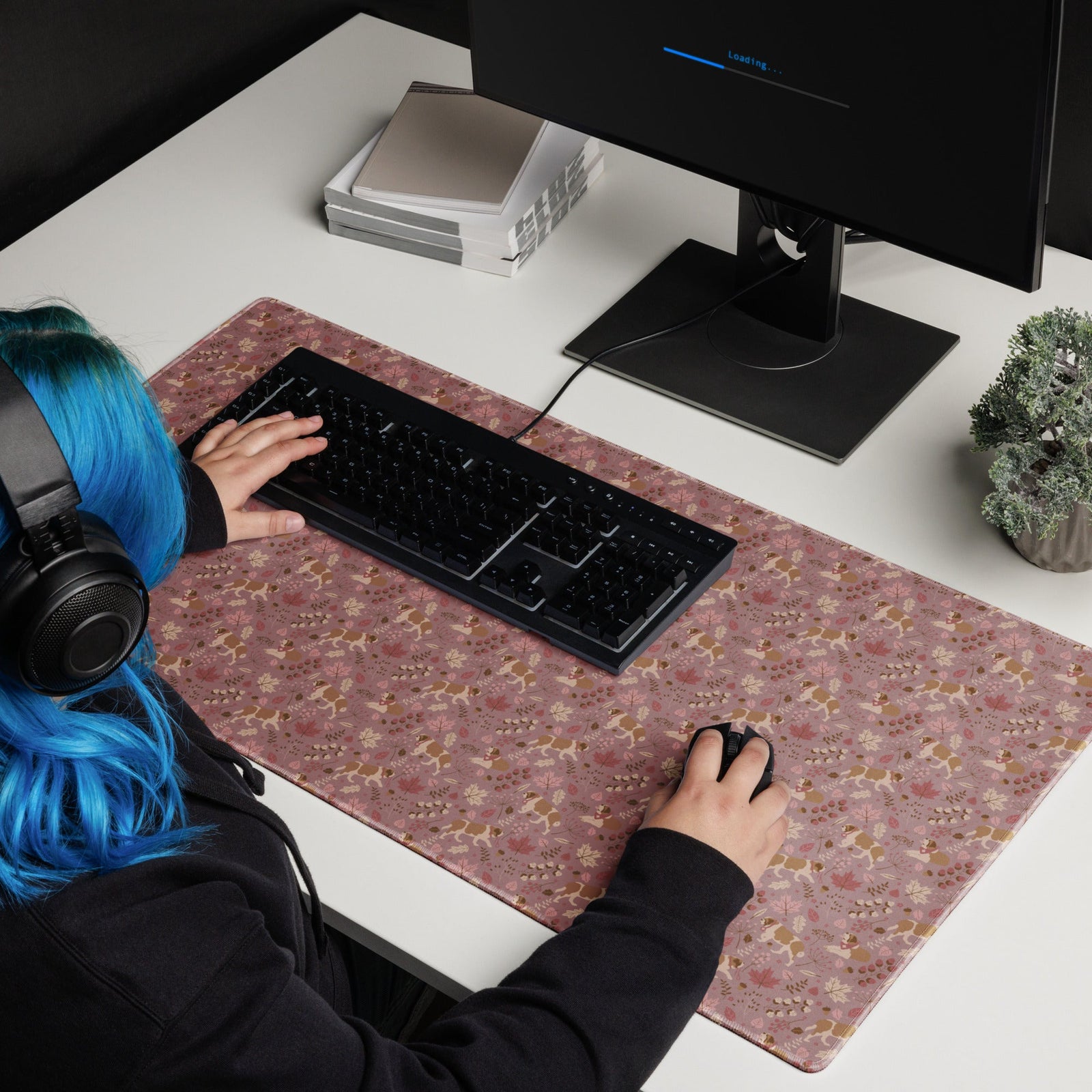 XL desk mat with Saint Bernard rosy fall leaf pattern — warm pink tones with leaves, berries, and acorns — a perfect autumn Saint gift.
