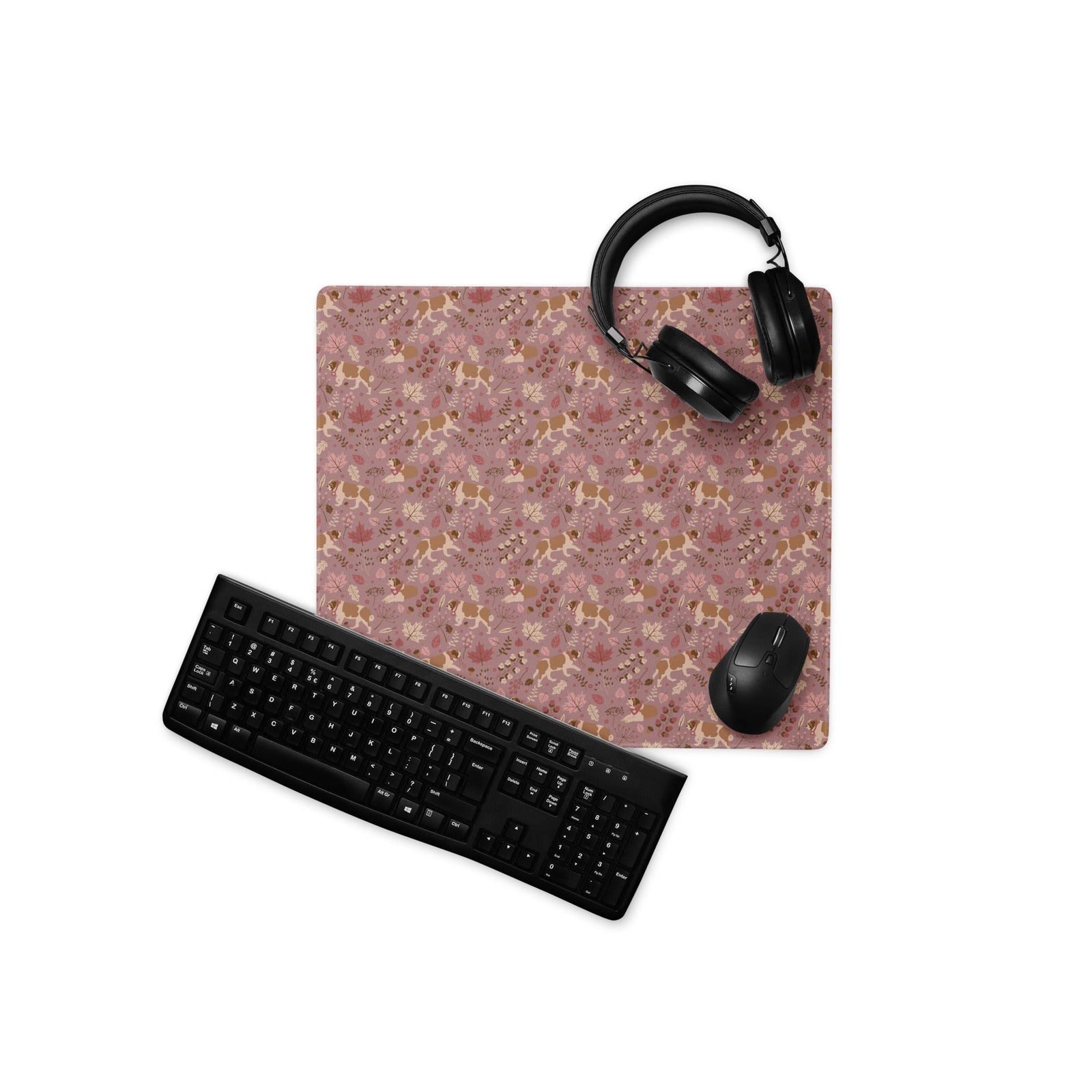 XL desk mat with Saint Bernard rosy fall leaf pattern — warm pink tones with leaves, berries, and acorns — a perfect autumn Saint gift.