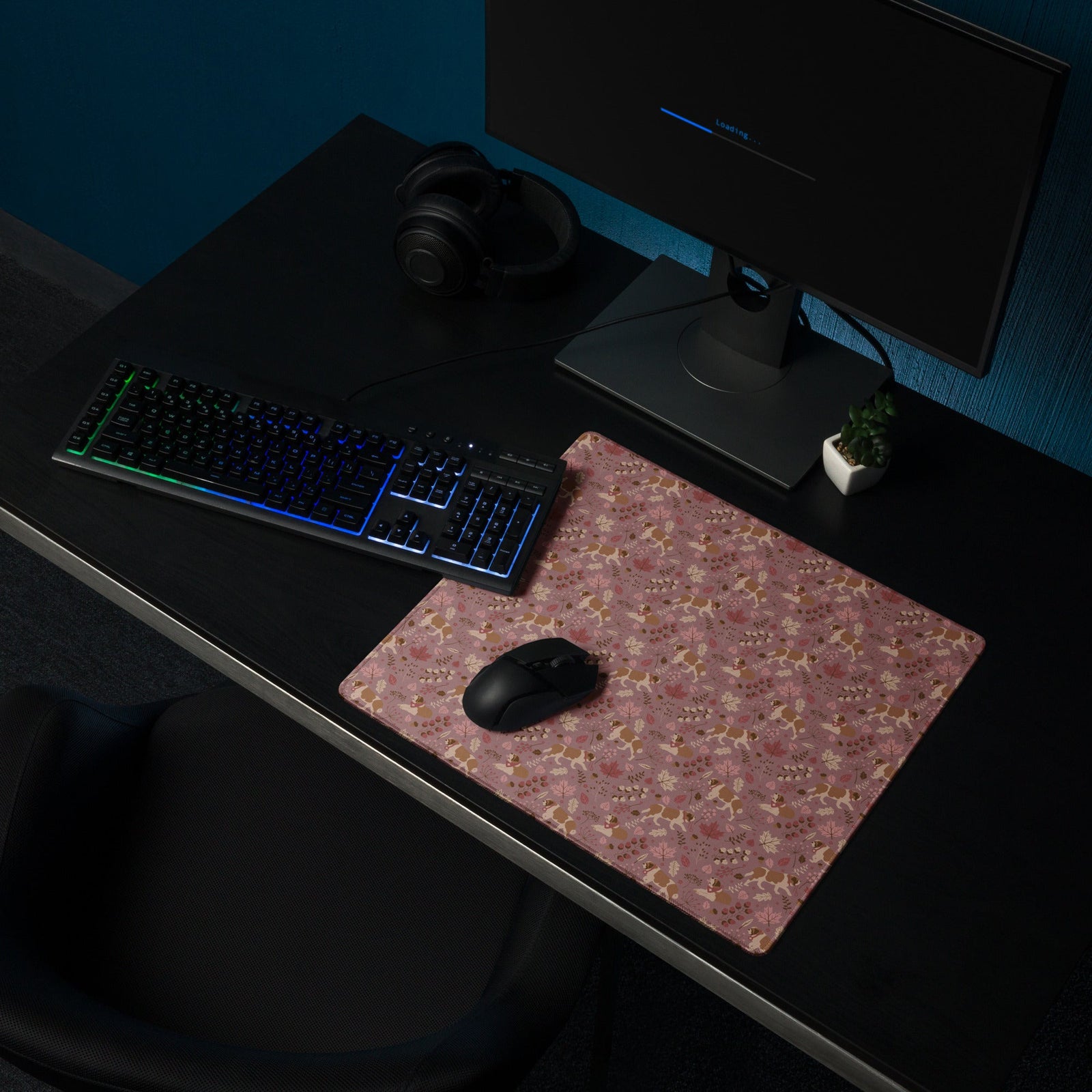XL desk mat with Saint Bernard rosy fall leaf pattern — warm pink tones with leaves, berries, and acorns — a perfect autumn Saint gift.