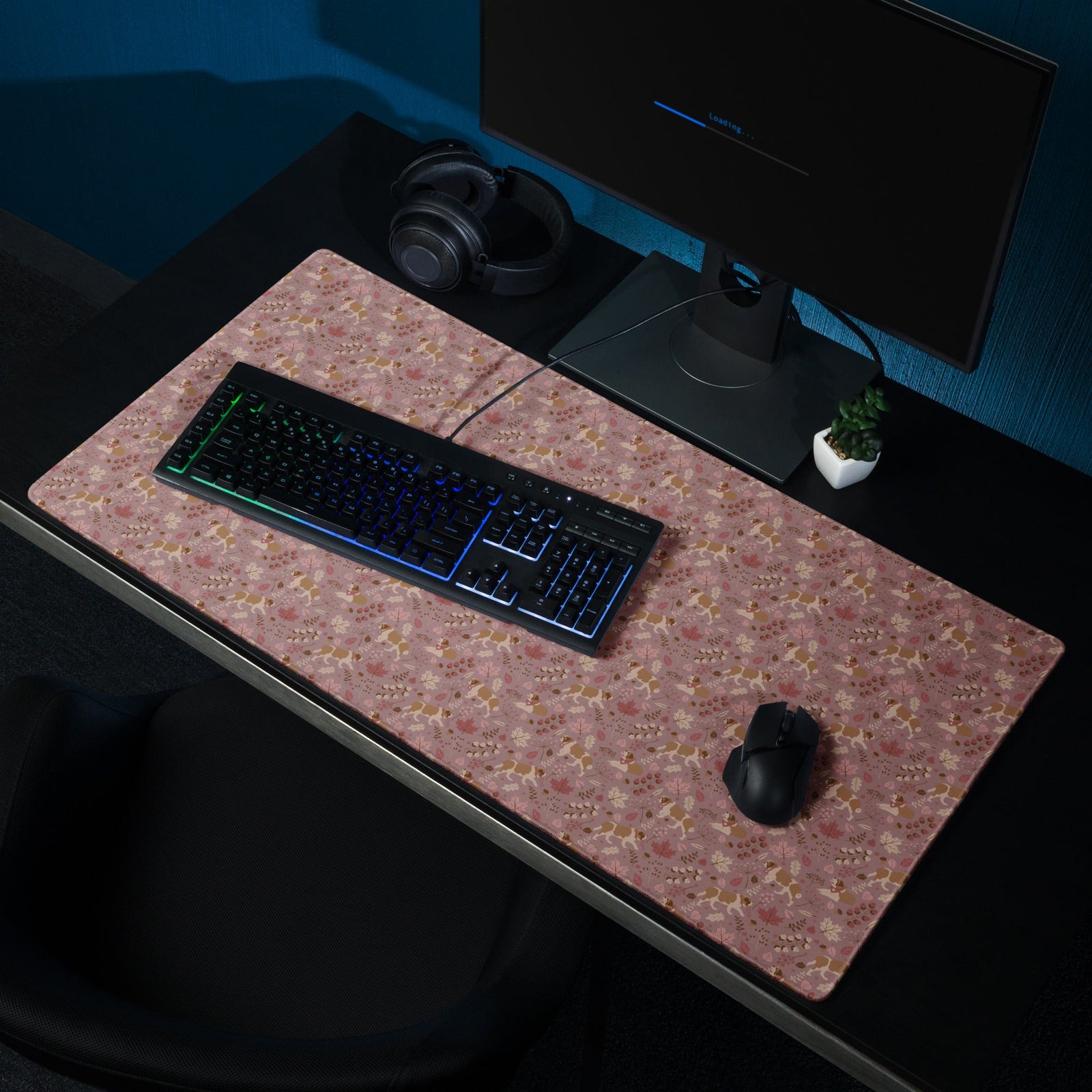 XL desk mat with Saint Bernard rosy fall leaf pattern — warm pink tones with leaves, berries, and acorns — a perfect autumn Saint gift.