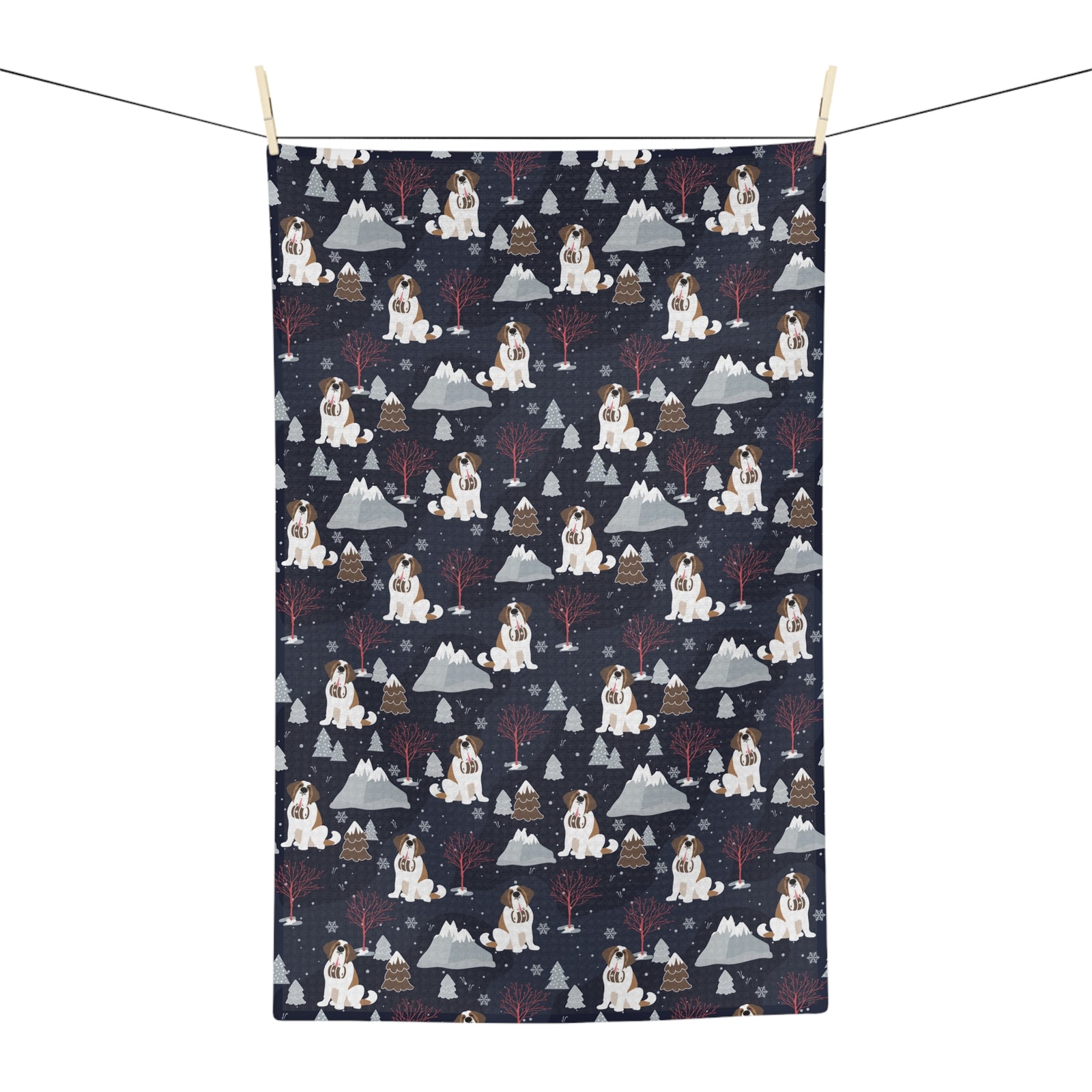 Alpine Night Saint Bernard microfiber tea towel with a navy print of Saint Bernards with rescue barrels among snowy mountains and pines at night.