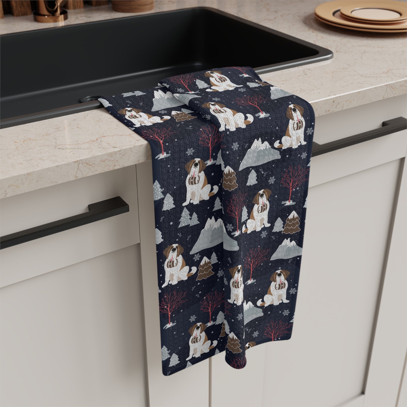 Alpine Night Saint Bernard microfiber tea towel with a navy print of Saint Bernards with rescue barrels among snowy mountains and pines at night.