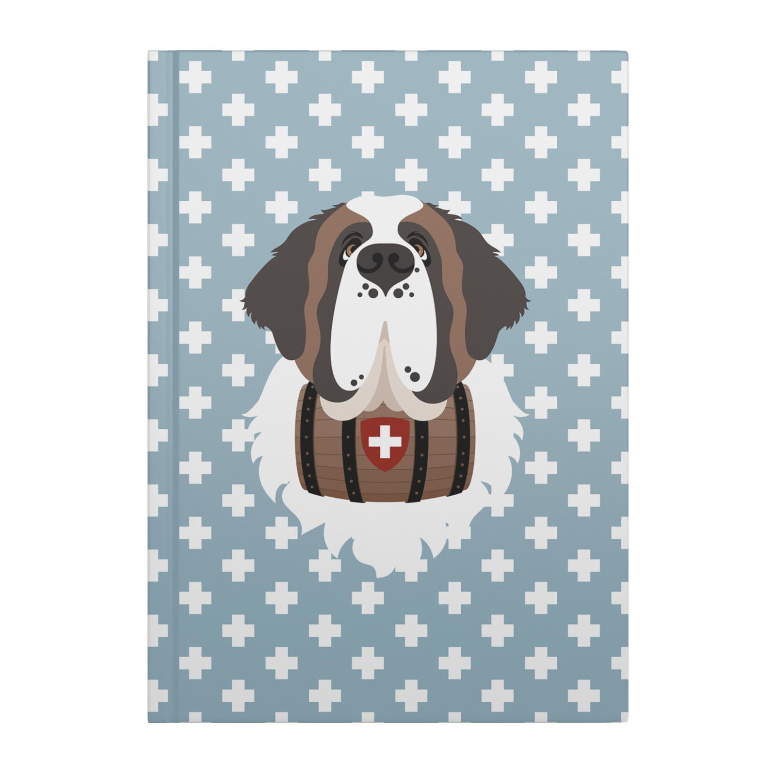 Swiss Cross Blue Saint Bernard hardcover lined journal with a dusty-blue cover featuring a Saint Bernard and rescue barrel among white Swiss crosses.