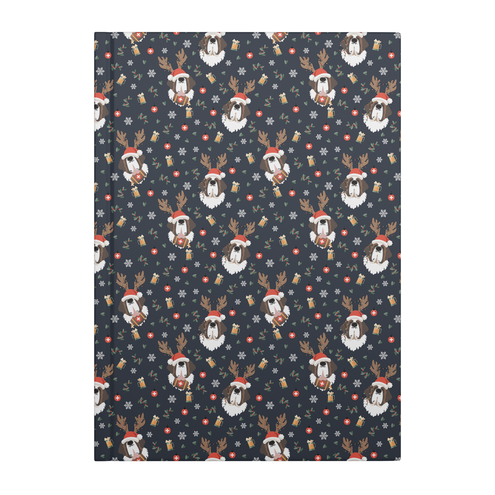 Reindeer Beer Saint Bernard hardcover lined journal with a navy cover featuring tipsy Saint Bernards in Santa hats and antlers among snowflakes and beer steins.