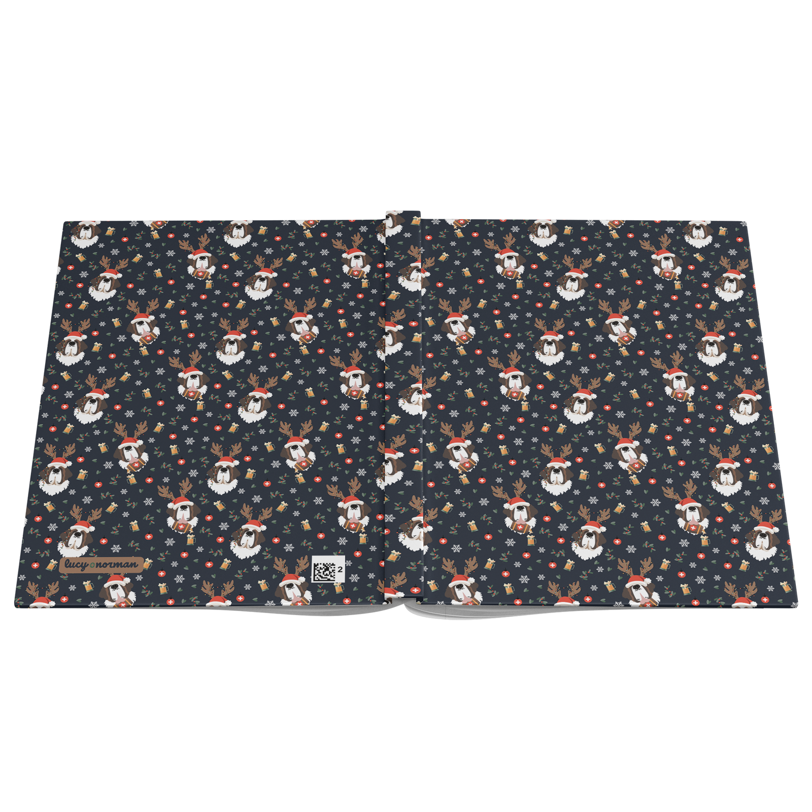 Reindeer Beer Saint Bernard hardcover lined journal with a navy cover featuring tipsy Saint Bernards in Santa hats and antlers among snowflakes and beer steins.
