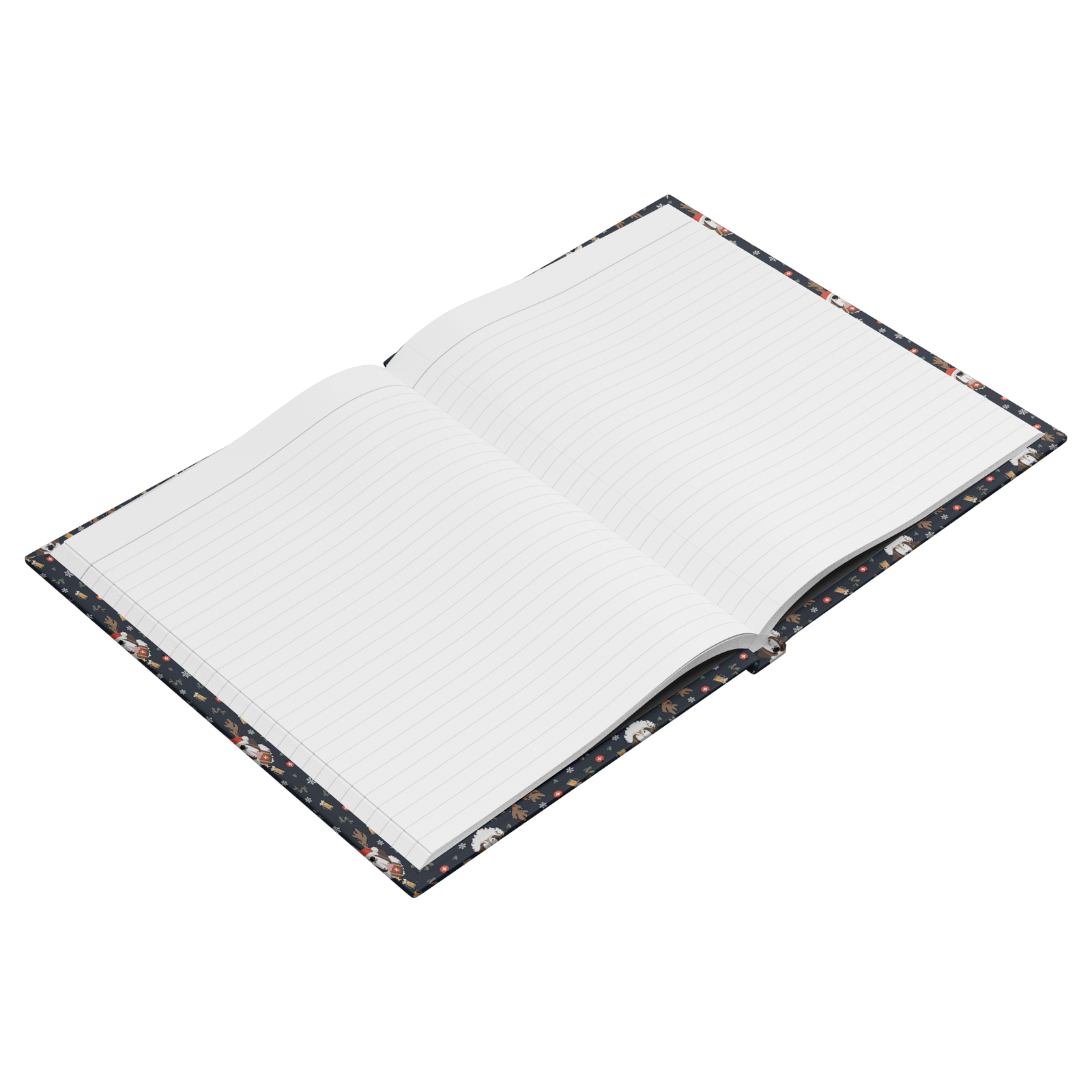 Reindeer Beer Saint Bernard hardcover lined journal with a navy cover featuring tipsy Saint Bernards in Santa hats and antlers among snowflakes and beer steins.
