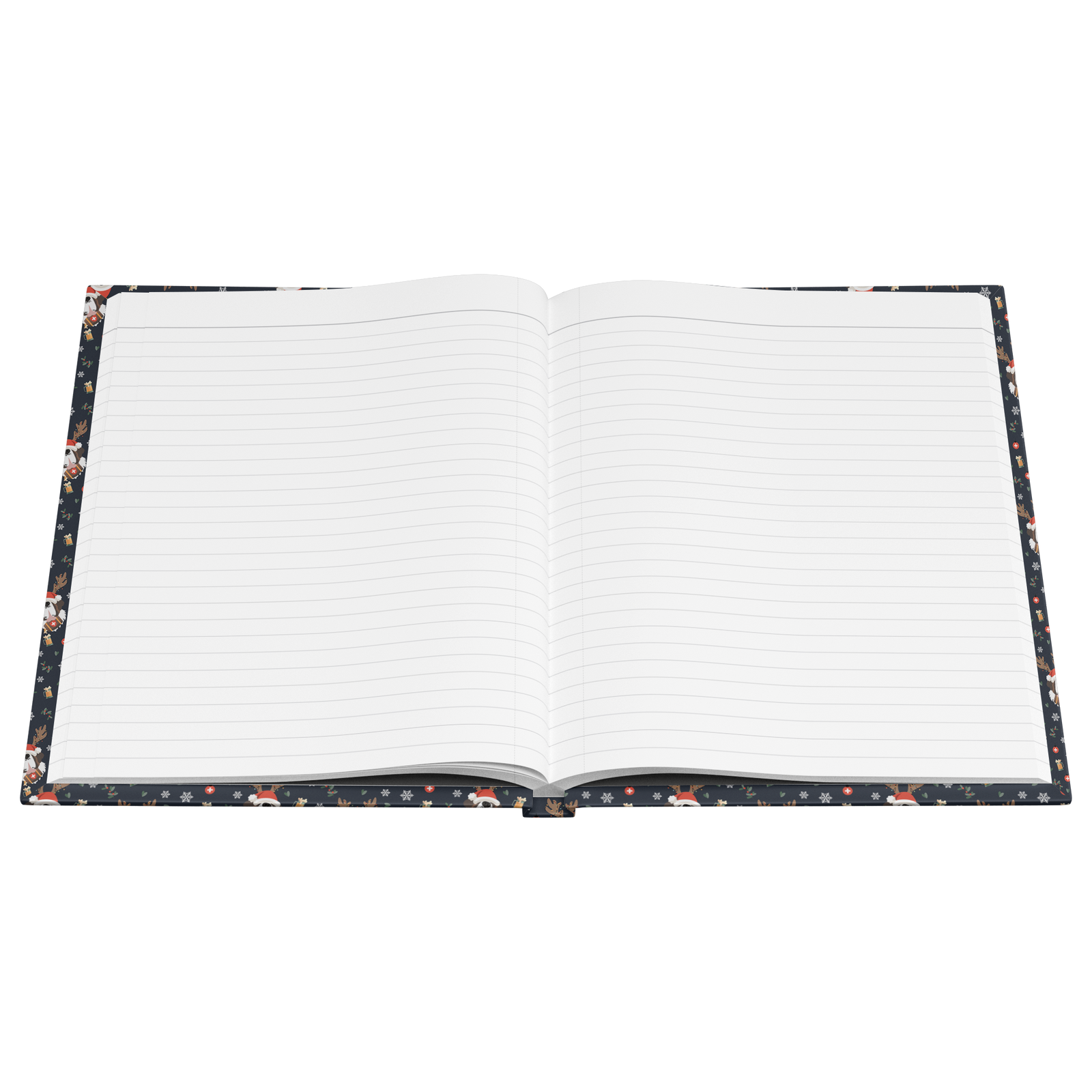 Reindeer Beer Saint Bernard hardcover lined journal with a navy cover featuring tipsy Saint Bernards in Santa hats and antlers among snowflakes and beer steins.