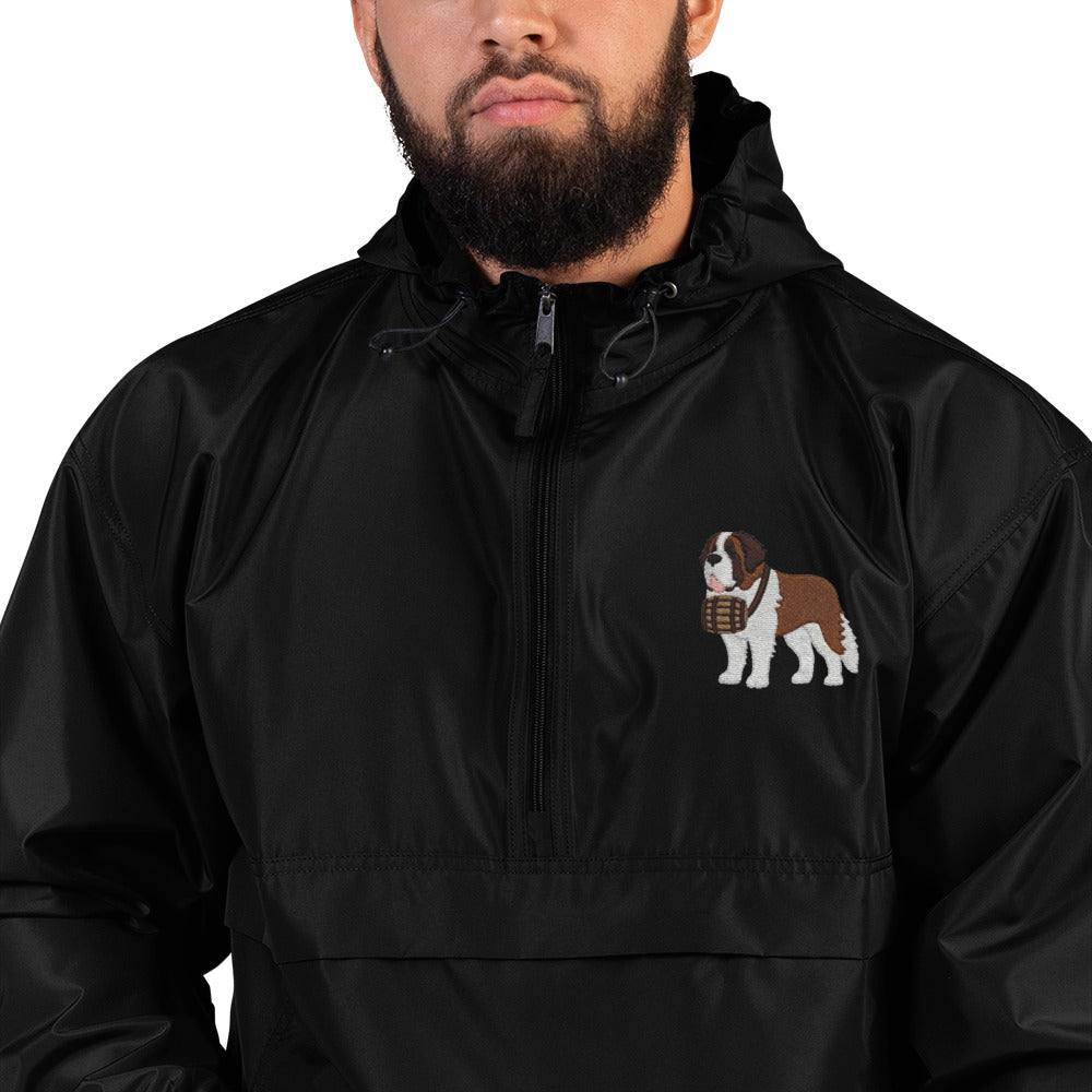 Black Champion packable windbreaker with chest embroidered Saint Bernard and barrel, half zip pullover with hood, kangaroo pocket, and zip pouch.