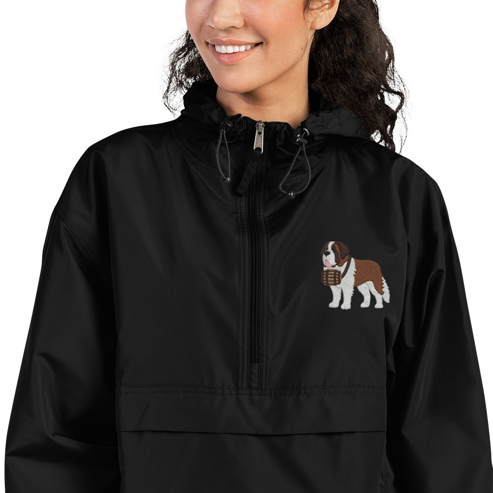 Black Champion packable windbreaker with chest embroidered Saint Bernard and barrel, half zip pullover with hood, kangaroo pocket, and zip pouch.