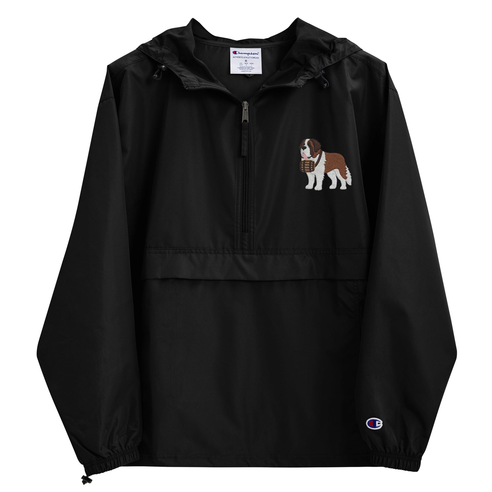 Black Champion packable windbreaker with chest embroidered Saint Bernard and barrel, half zip pullover with hood, kangaroo pocket, and zip pouch.