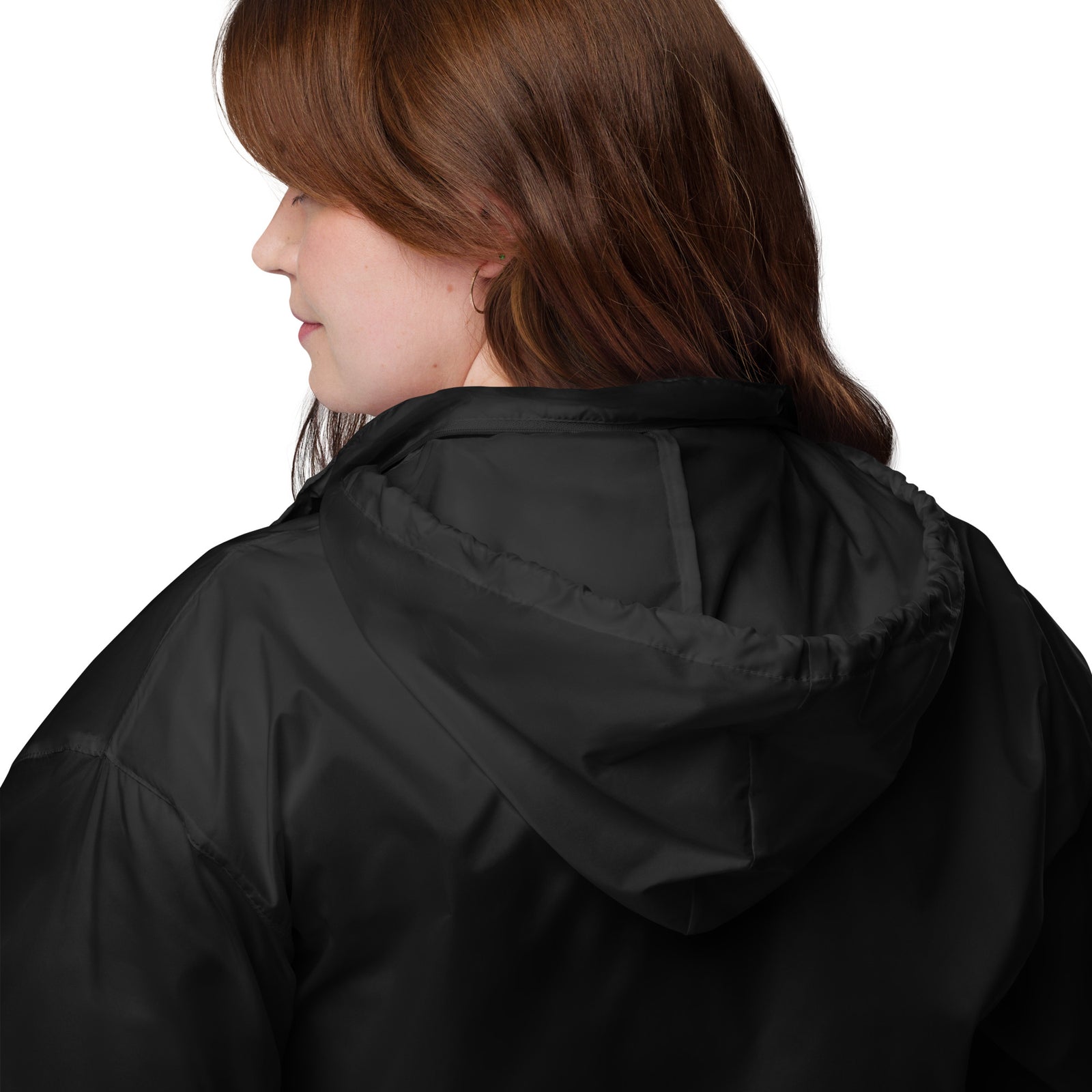 Lightweight, packable black windbreaker with chest embroidered Saint Bernard and barrel, adjustable hood, elastic cuffs, and zip pockets.