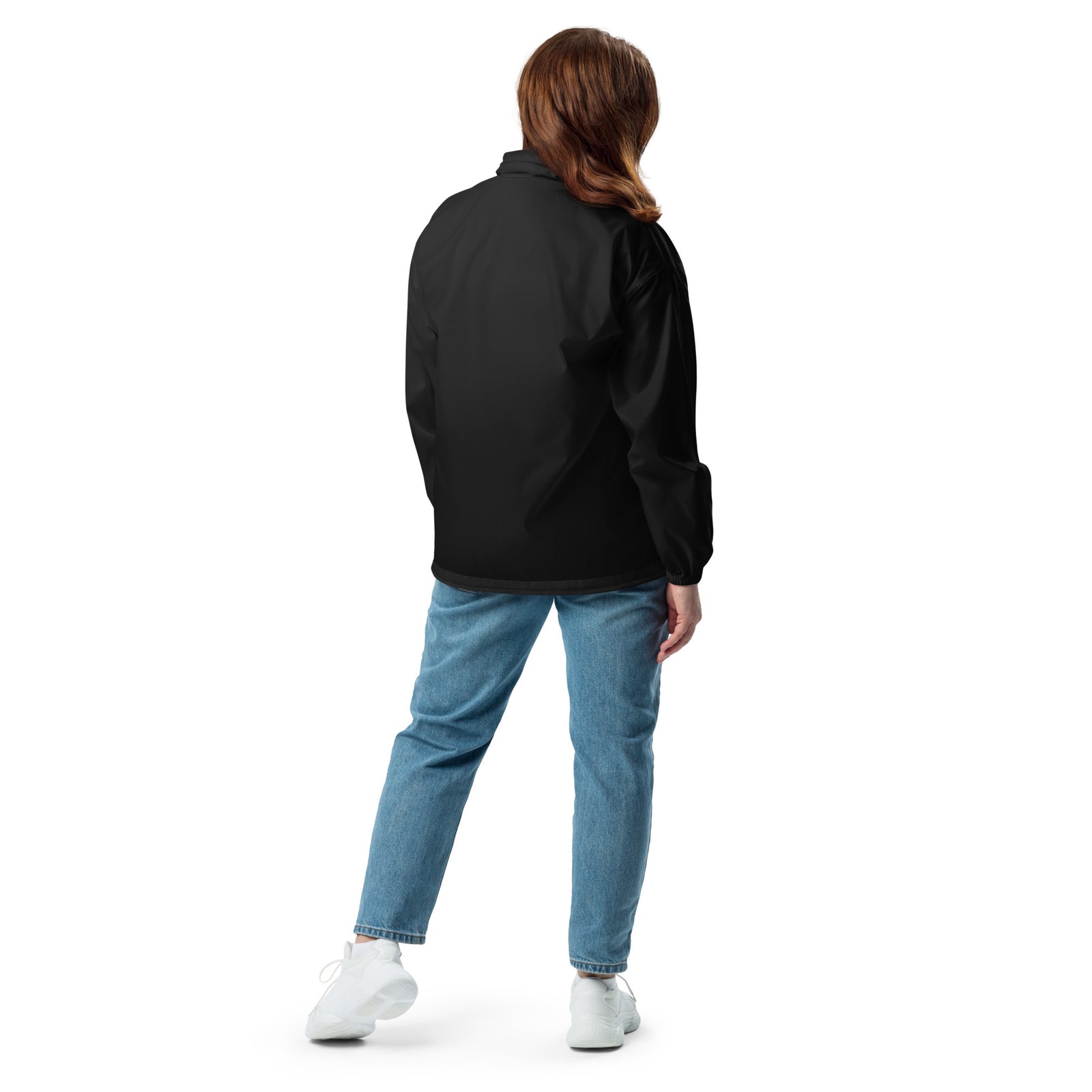 Lightweight, packable black windbreaker with chest embroidered Saint Bernard and barrel, adjustable hood, elastic cuffs, and zip pockets.