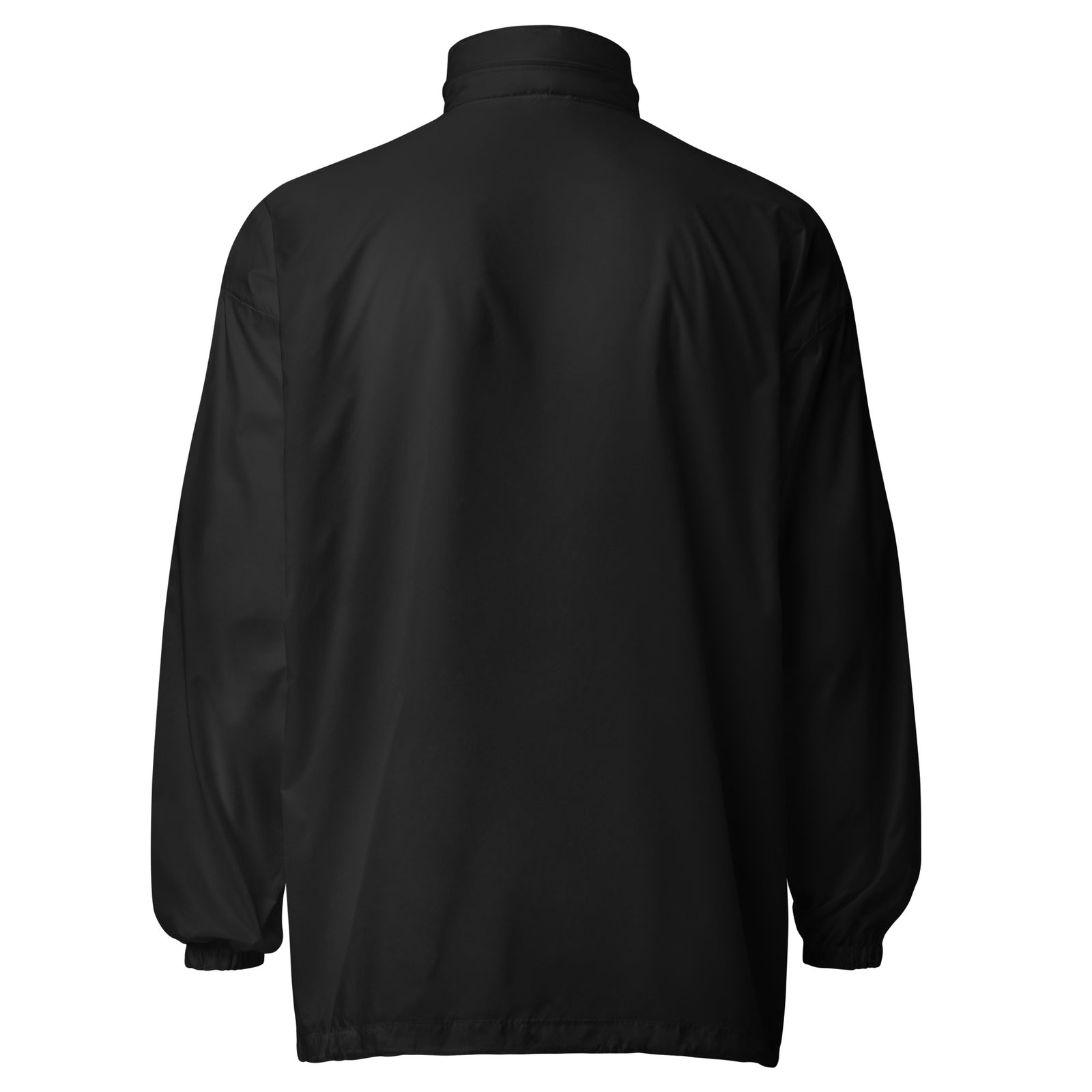 Lightweight, packable black windbreaker with chest embroidered Saint Bernard and barrel, adjustable hood, elastic cuffs, and zip pockets.