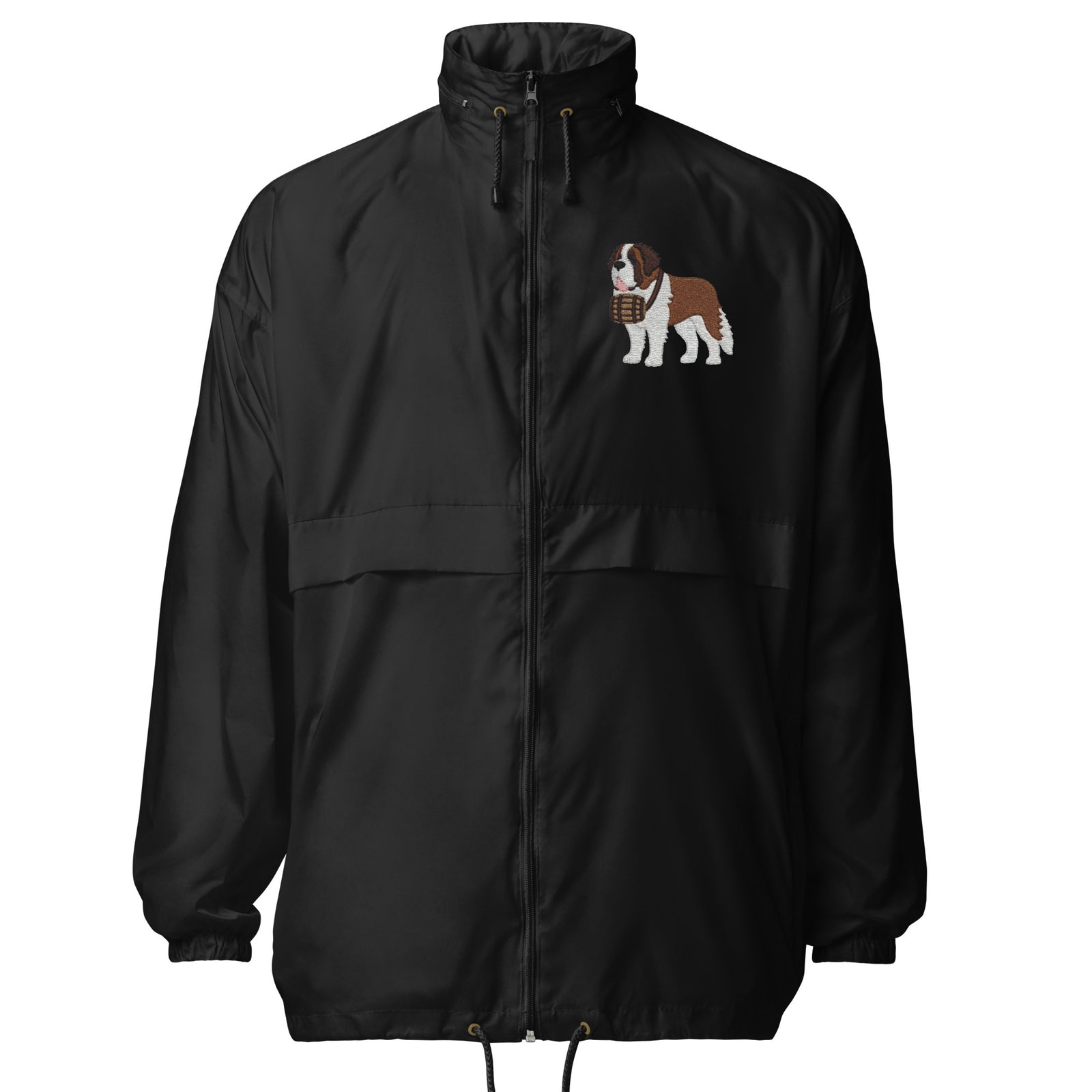 Lightweight, packable black windbreaker with chest embroidered Saint Bernard and barrel, adjustable hood, elastic cuffs, and zip pockets.