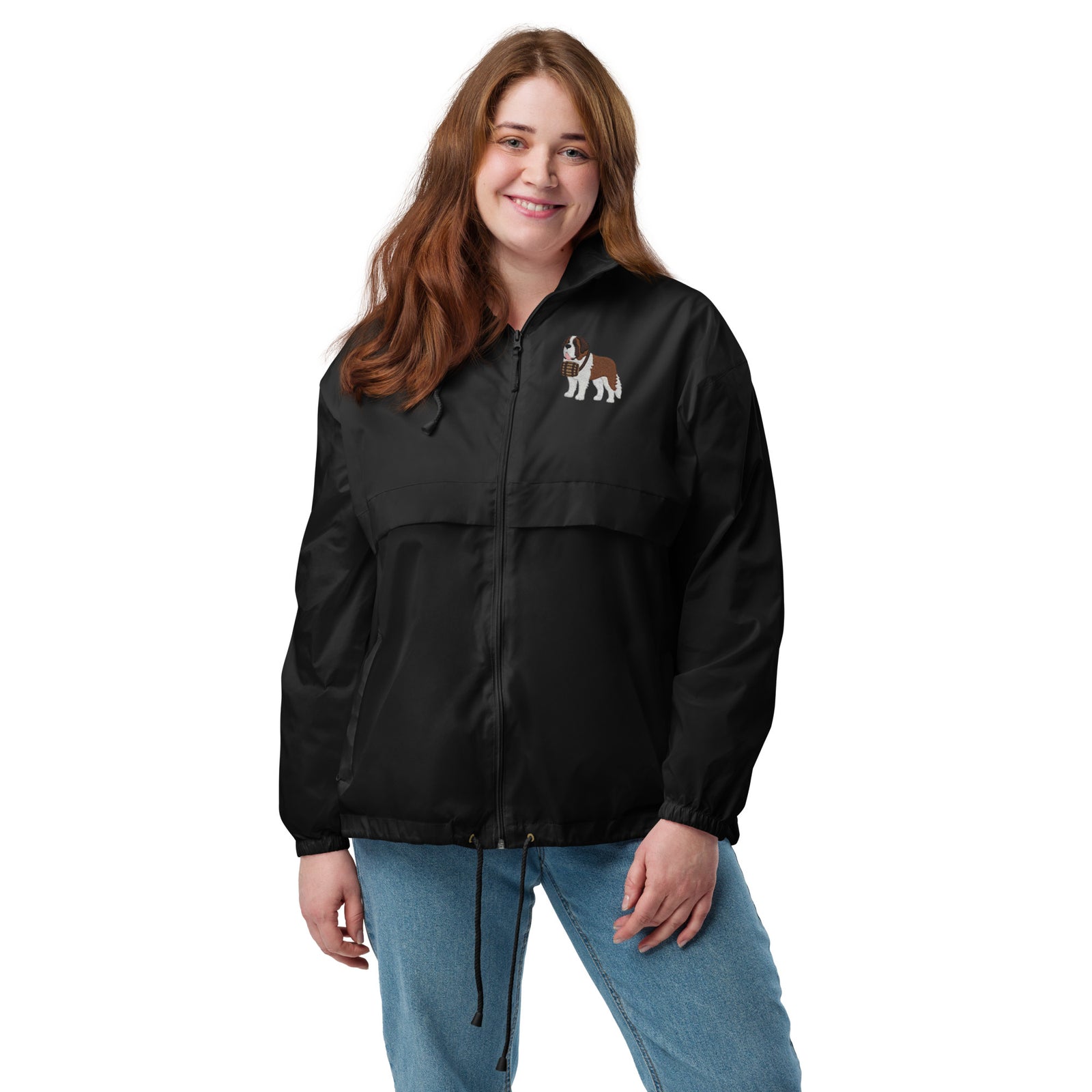 Lightweight, packable black windbreaker with chest embroidered Saint Bernard and barrel, adjustable hood, elastic cuffs, and zip pockets.