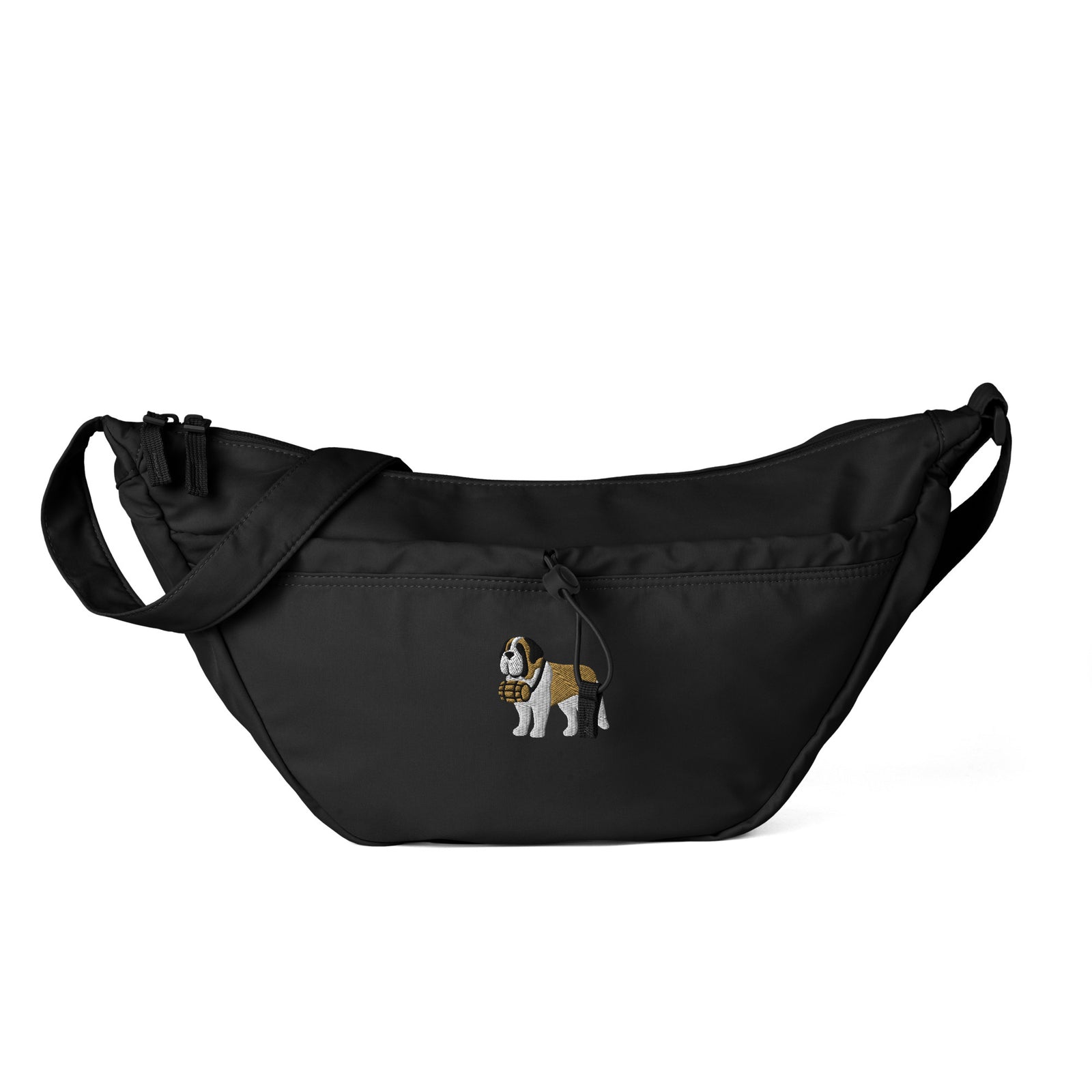 Black Saint Bernard everyday crossbody bag with an embroidered Saint Bernard and rescue barrel, adjustable strap, and zip closure.