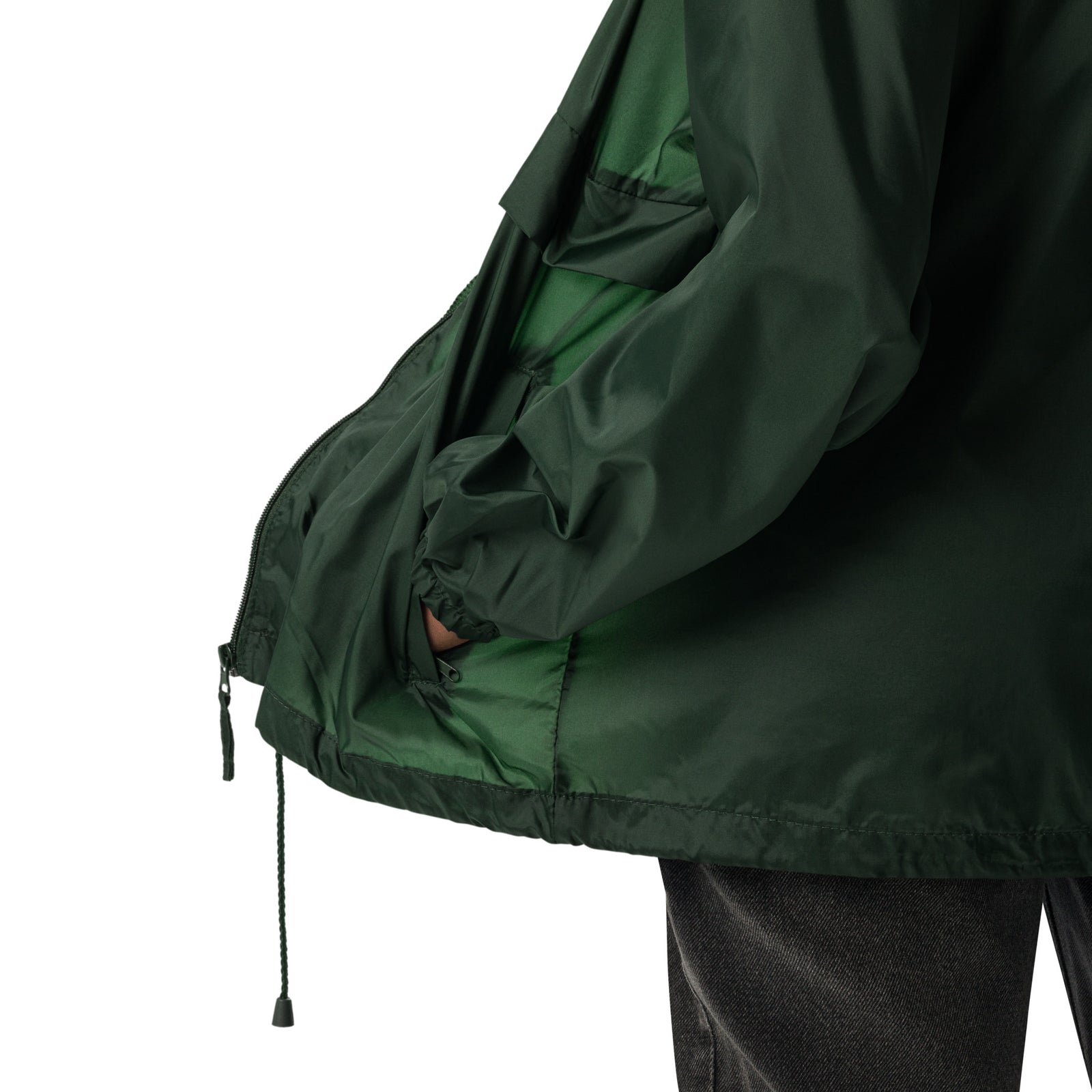 Lightweight, packable forest green windbreaker with chest embroidered Saint Bernard and barrel, adjustable hood, elastic cuffs, and zip pockets.