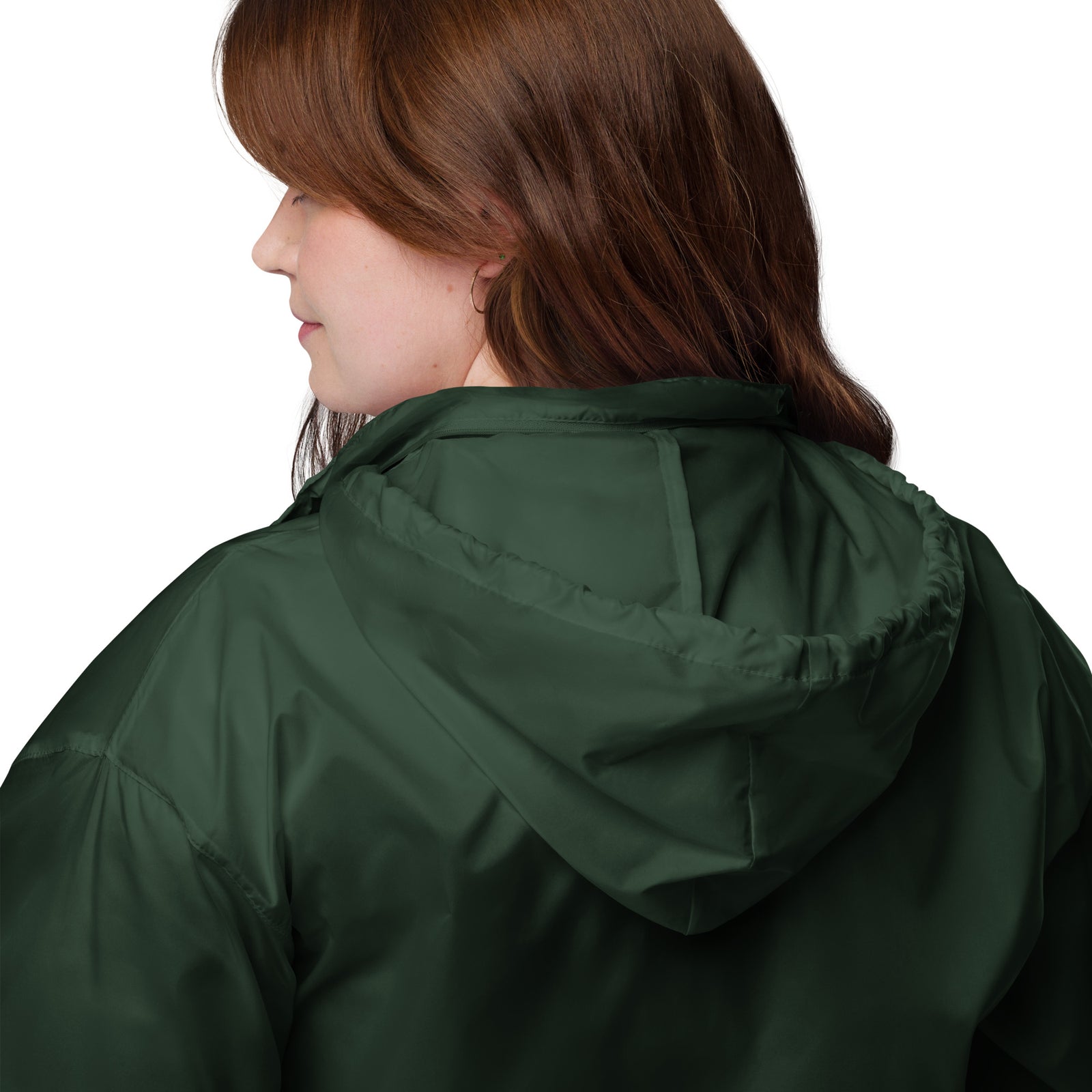 Lightweight, packable forest green windbreaker with chest embroidered Saint Bernard and barrel, adjustable hood, elastic cuffs, and zip pockets.