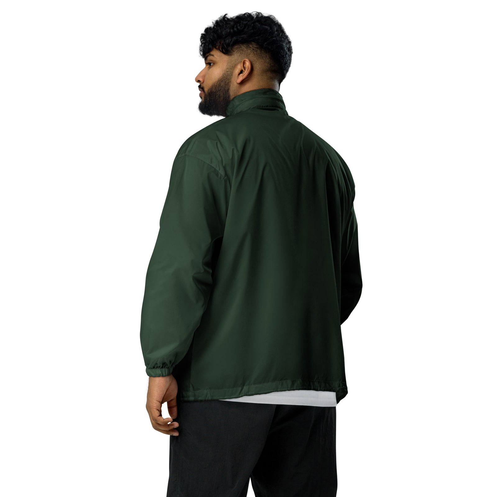 Lightweight, packable forest green windbreaker with chest embroidered Saint Bernard and barrel, adjustable hood, elastic cuffs, and zip pockets.