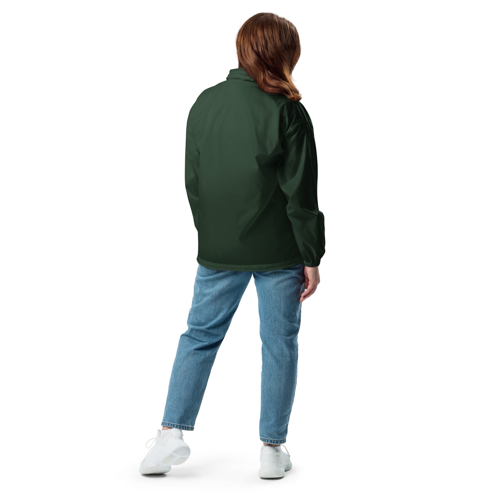 Lightweight, packable forest green windbreaker with chest embroidered Saint Bernard and barrel, adjustable hood, elastic cuffs, and zip pockets.