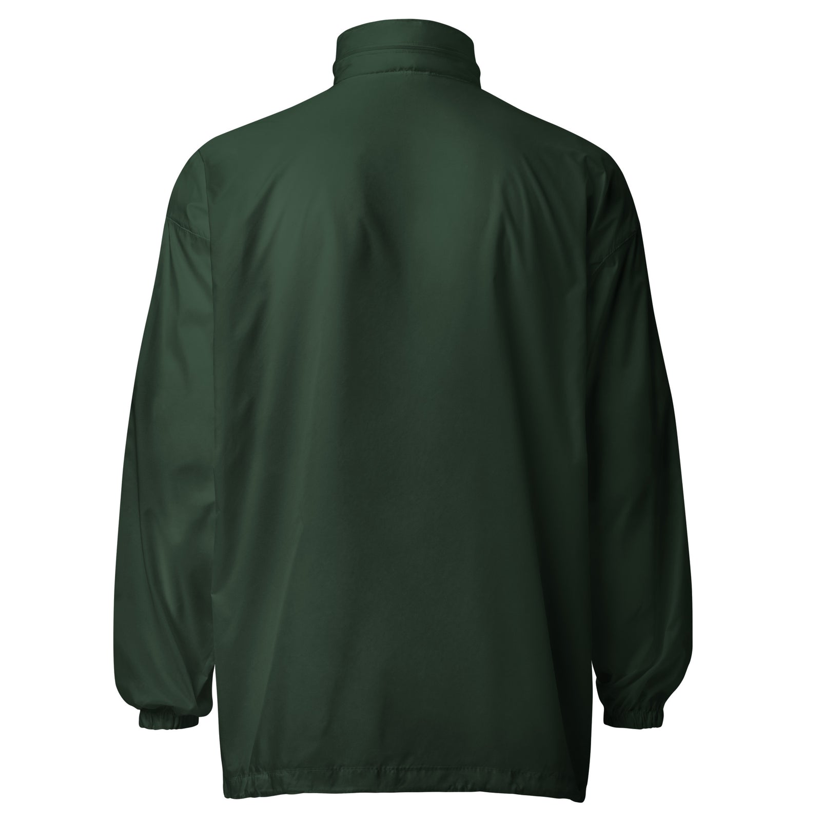 Lightweight, packable forest green windbreaker with chest embroidered Saint Bernard and barrel, adjustable hood, elastic cuffs, and zip pockets.